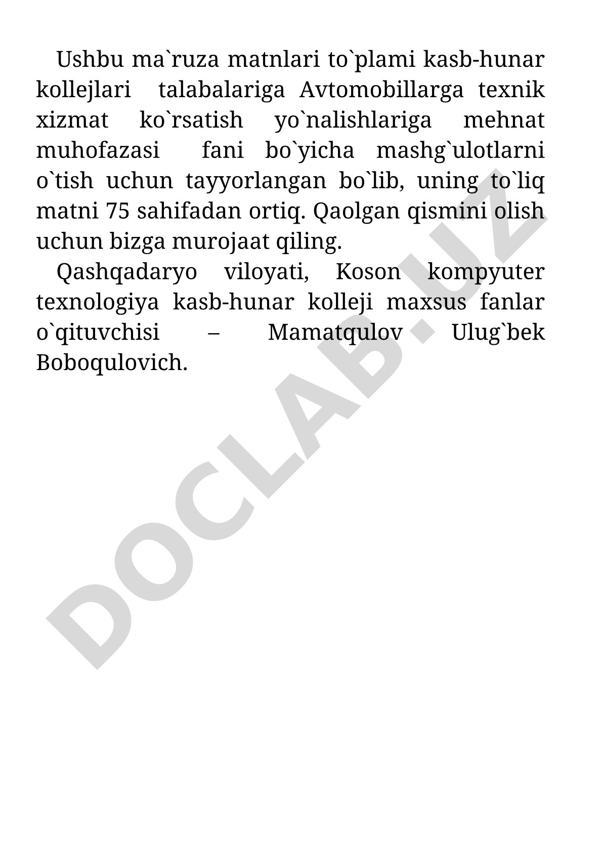 Avtomobillarga texnik xizmat ko'rsatishda mehnat muhofazasi