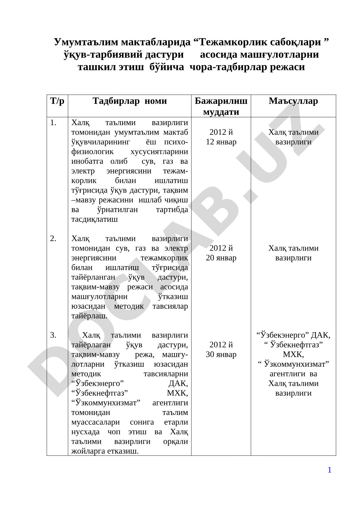 Умумтаълим мактабларида тежамкорлик сабоқлари ўқув-тарбиявий дастури асосида машғулотларни ташкил этиш чора-тадбирлар режаси
