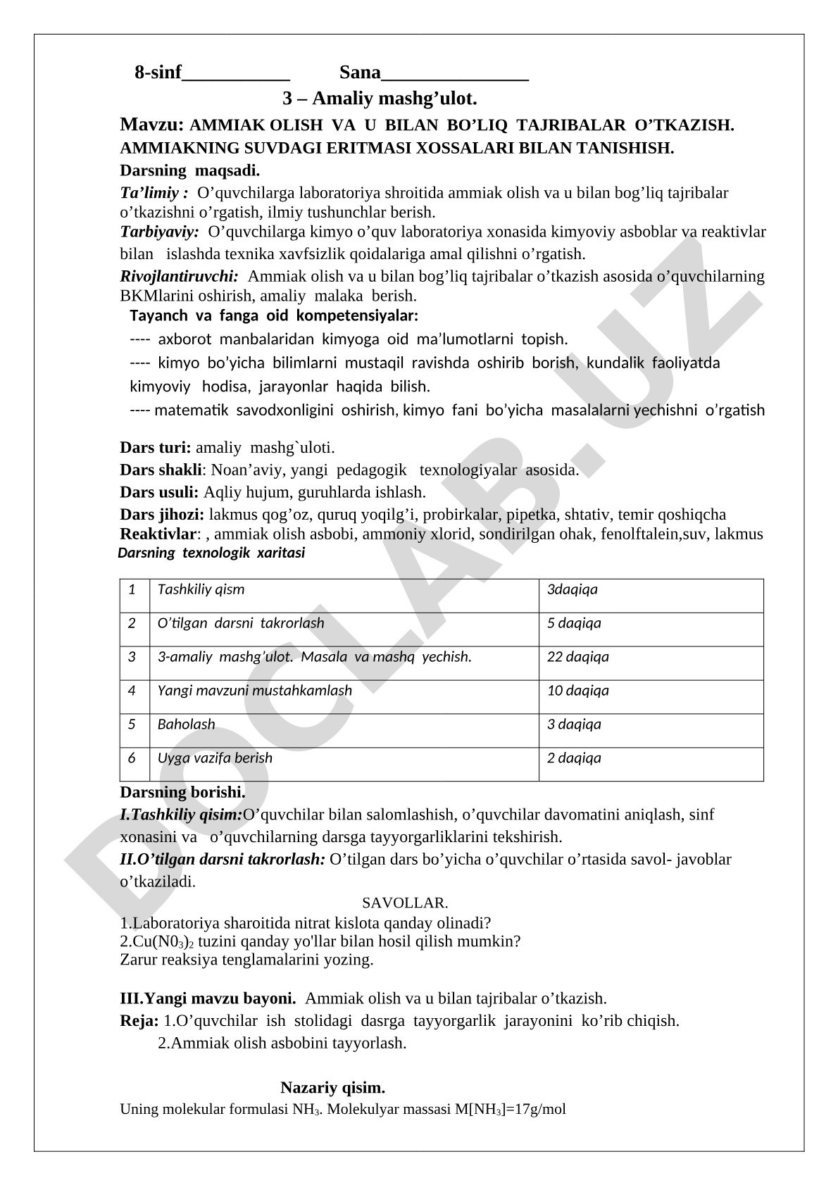 Ammiak olish va u bilan bog'liq tajribalar o'tkazish