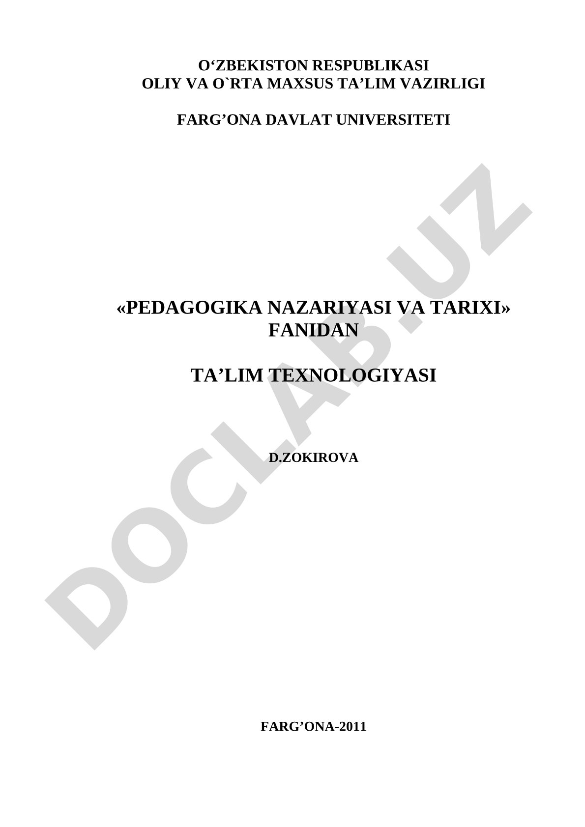 Pedagogika nazariyasi va tarixi fanidan ta'lim texnologiyasining konseptual asoslari