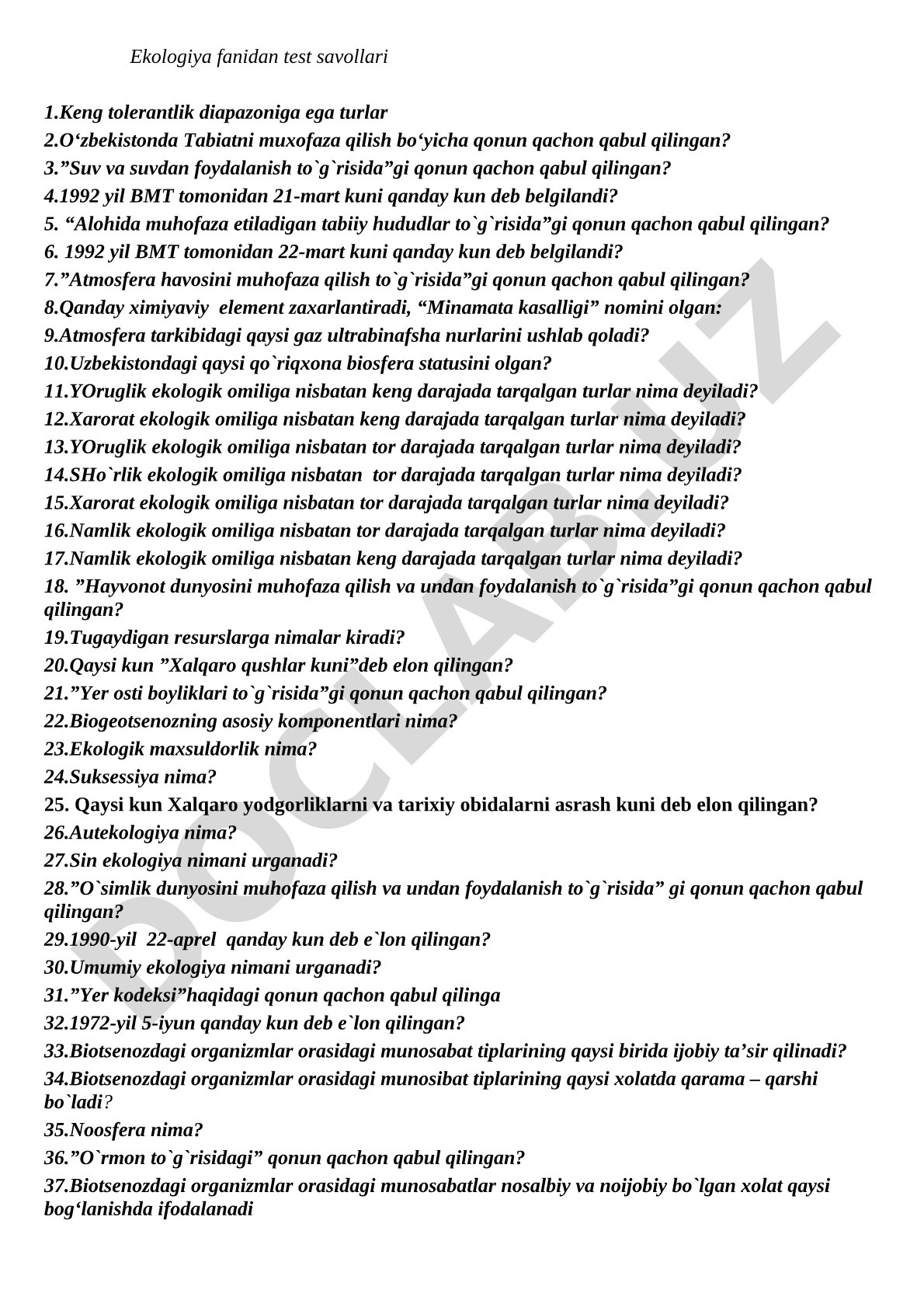 Ekologiya fanidan test savollari