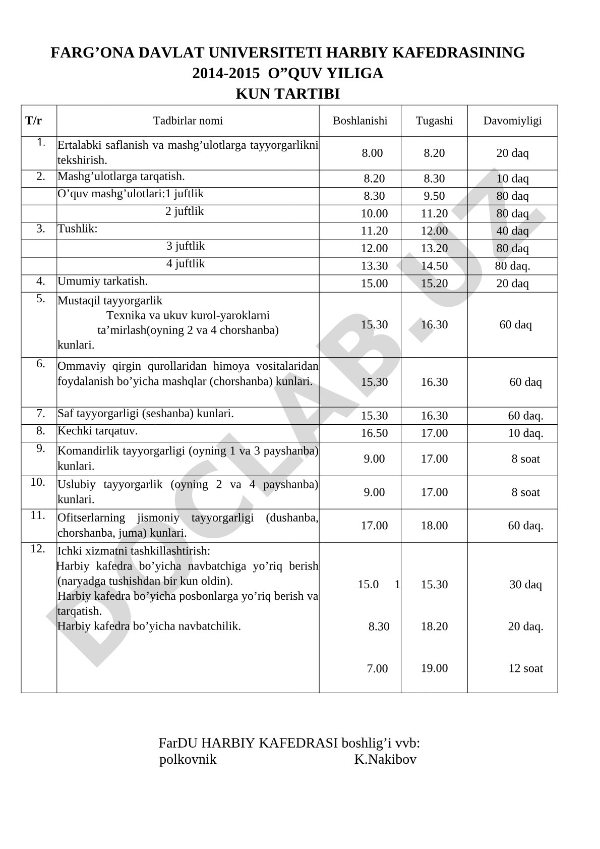 Farg'ona davlat universiteti harbiy kafedrasining 2014-2015 o'quv yiliga kun tartibi
