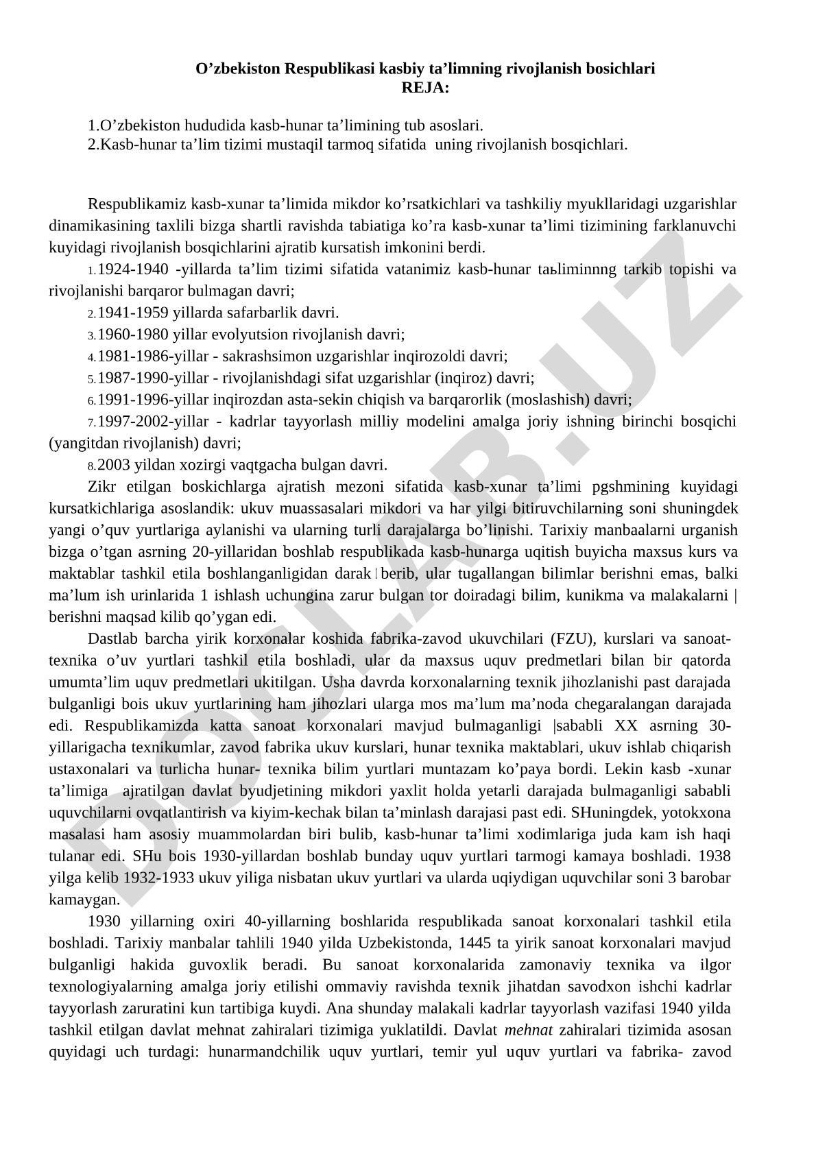 O'zbekiston Respublikasi kasbiy ta'limining rivojlanish bosqichlari