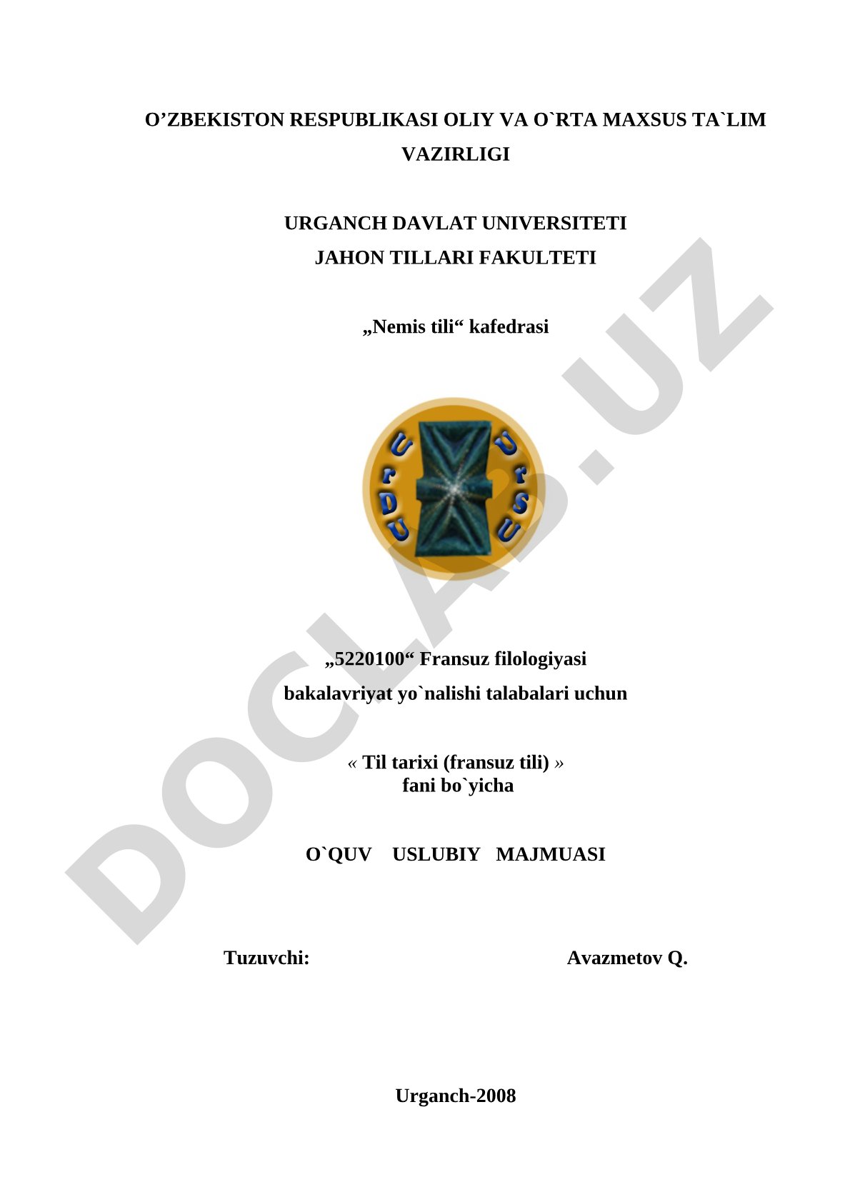 Til tarixi (fransuz tili) fanidan o'quv uslubiy majmua