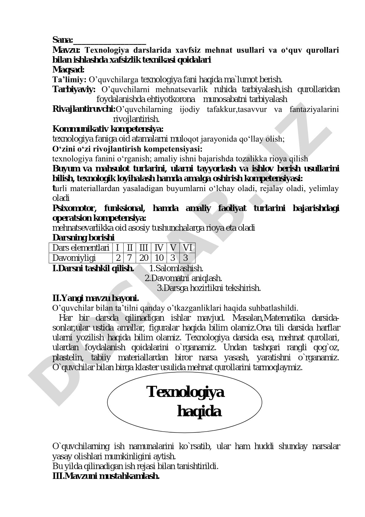 Texnologiya darslarida xavfsiz mehnat usullari va o'quv qurollari bilan ishlashda xavfsizlik texnikasi qoidalari