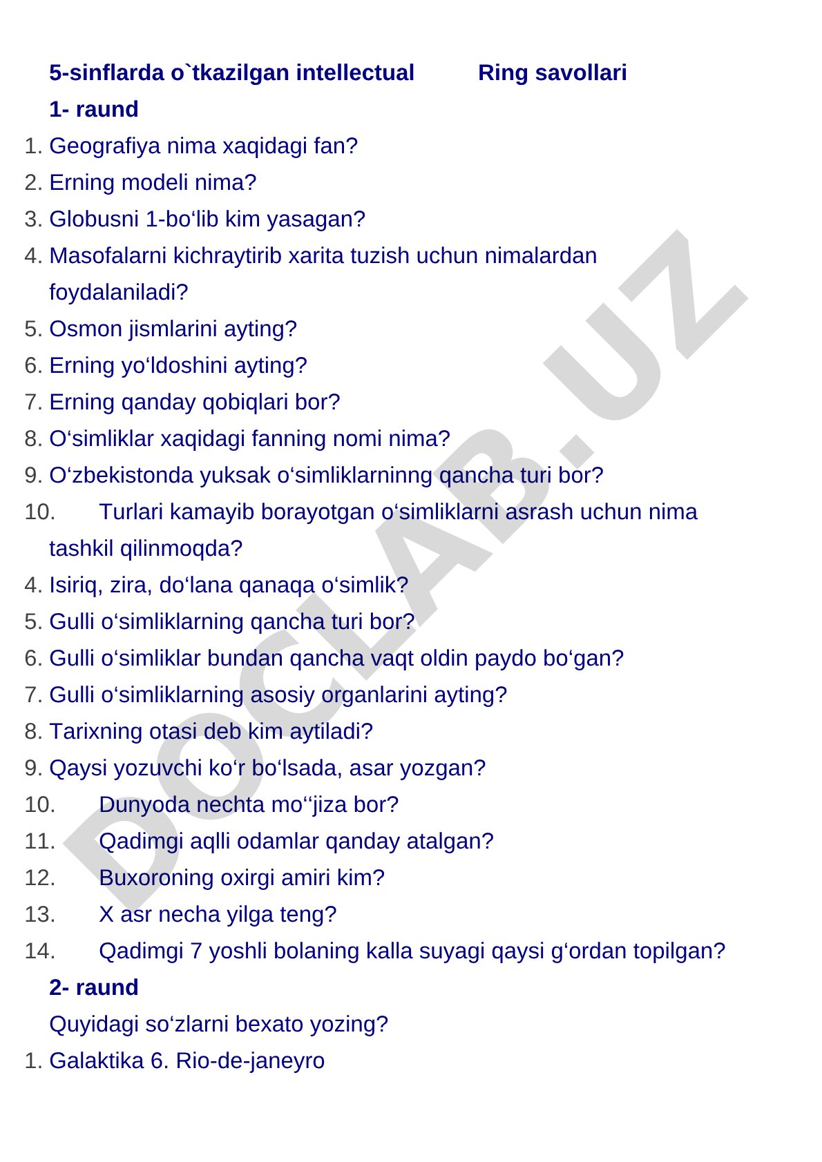 5-sinflarda o‘tkazilgan intellectual Ring savollari