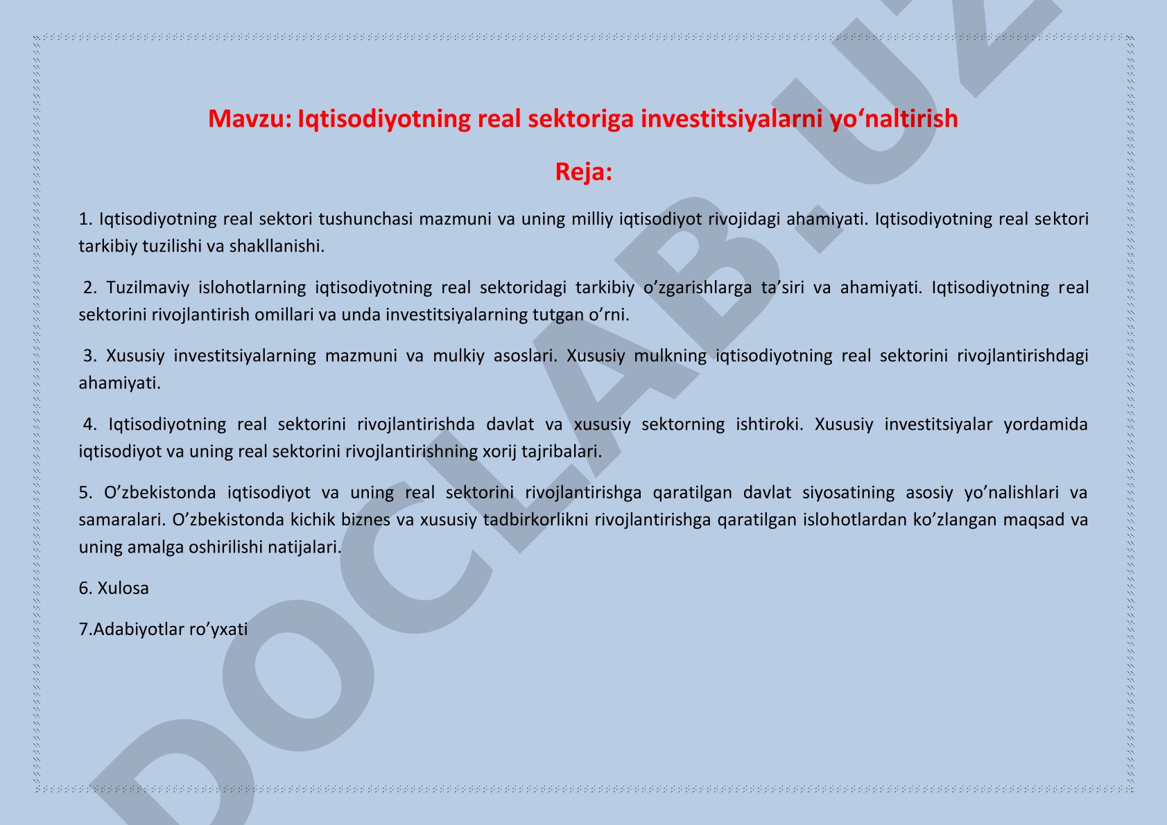 Iqtisodiyotning real sektoriga investitsiyalarni yoʻnaltirish
