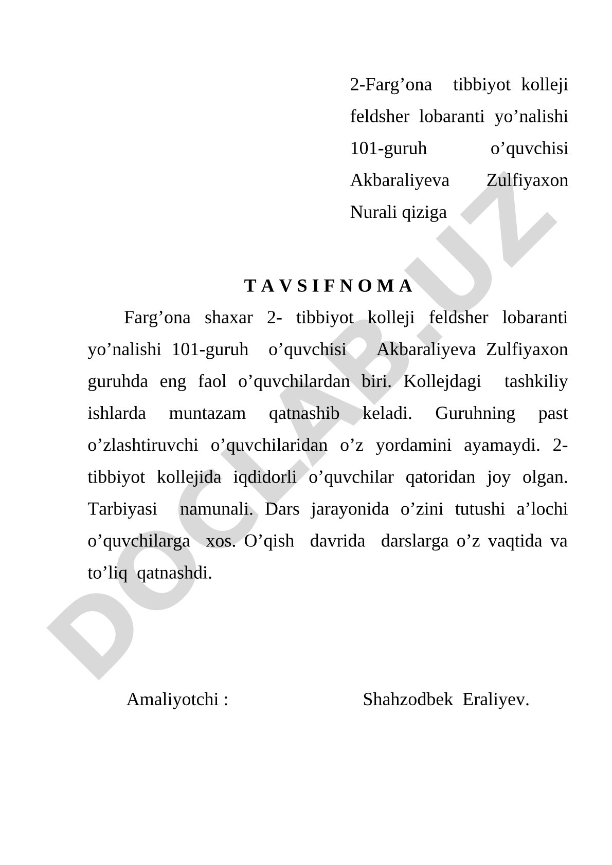 2-Farg'ona tibbiyot kolleji feldsher lobaranti yo'nalishi 101-guruh o'quvchilariga tavsifnoma