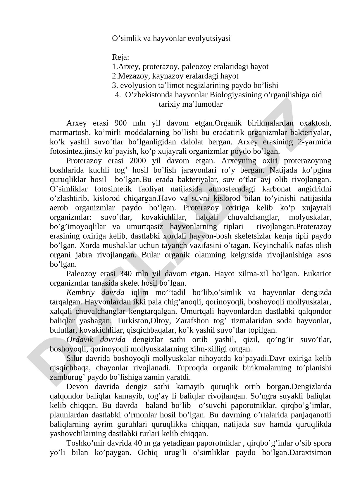 O'simlik va hayvonlar evolyutsiyasi