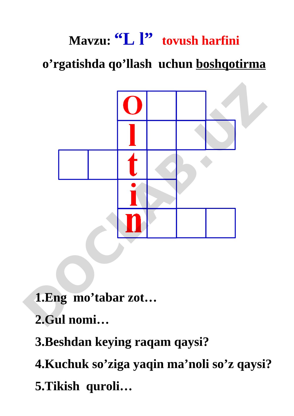 L l tovush harfini o'rgatishda qo'llash uchun boshqotirma