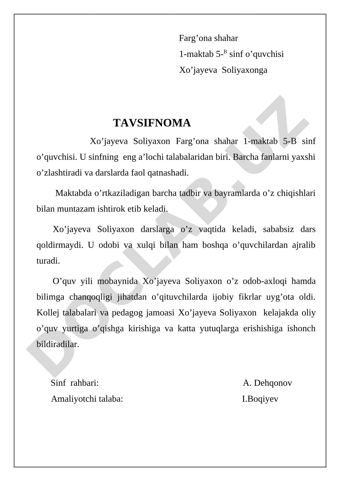 Xo'jayeva Soliyaxon va Karimov Iqbolga tavsifnoma