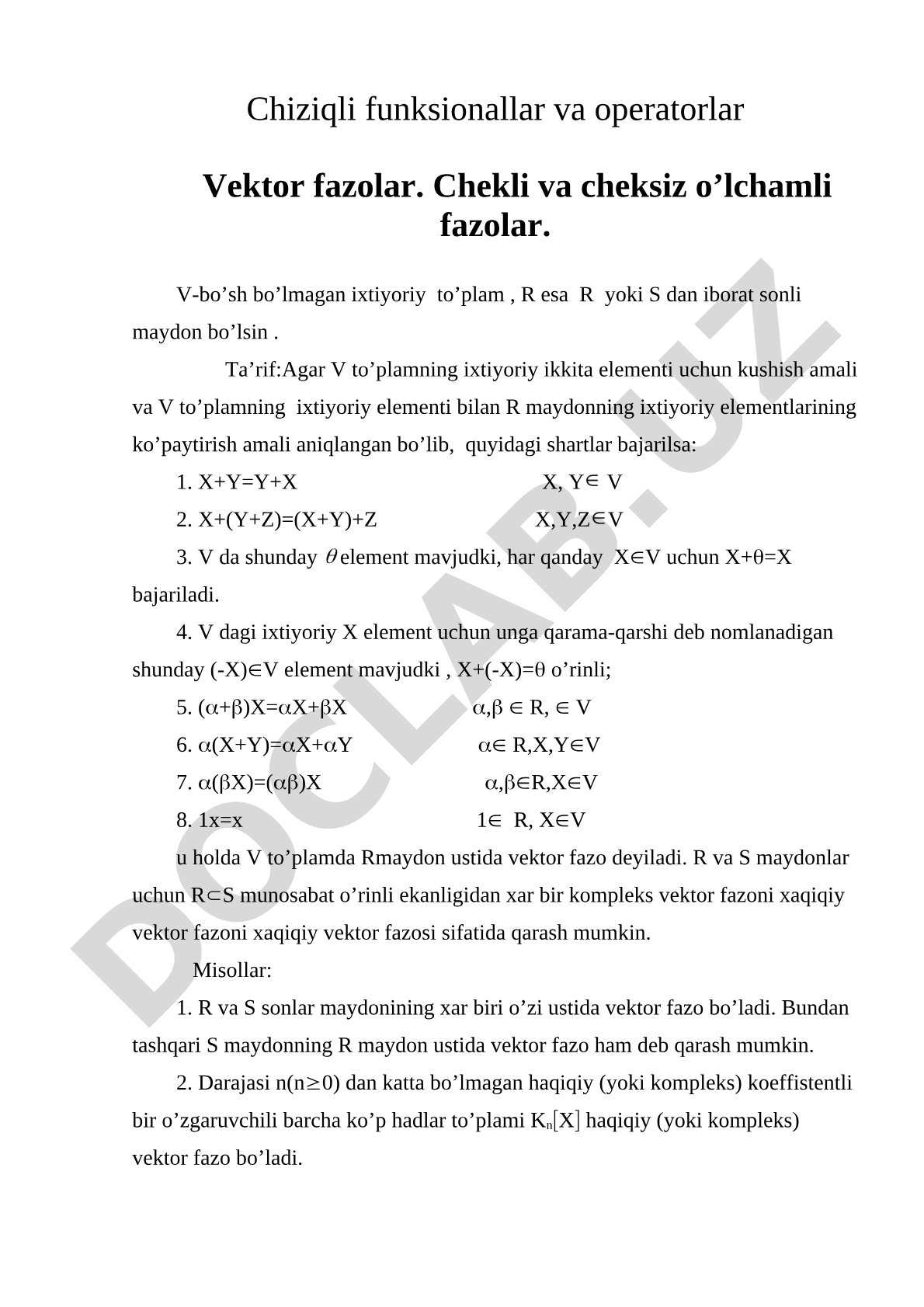 Vektor fazolar ta'rifi va xossalari