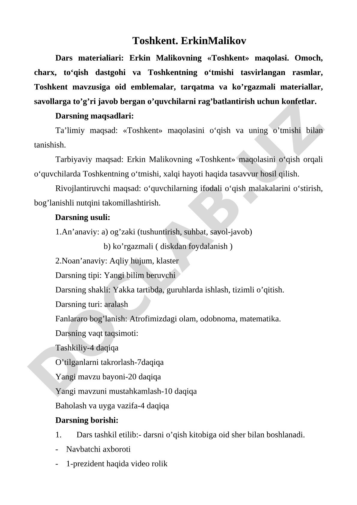 Erkin Malikovning Toshkent maqolasi dars ishlanmasi