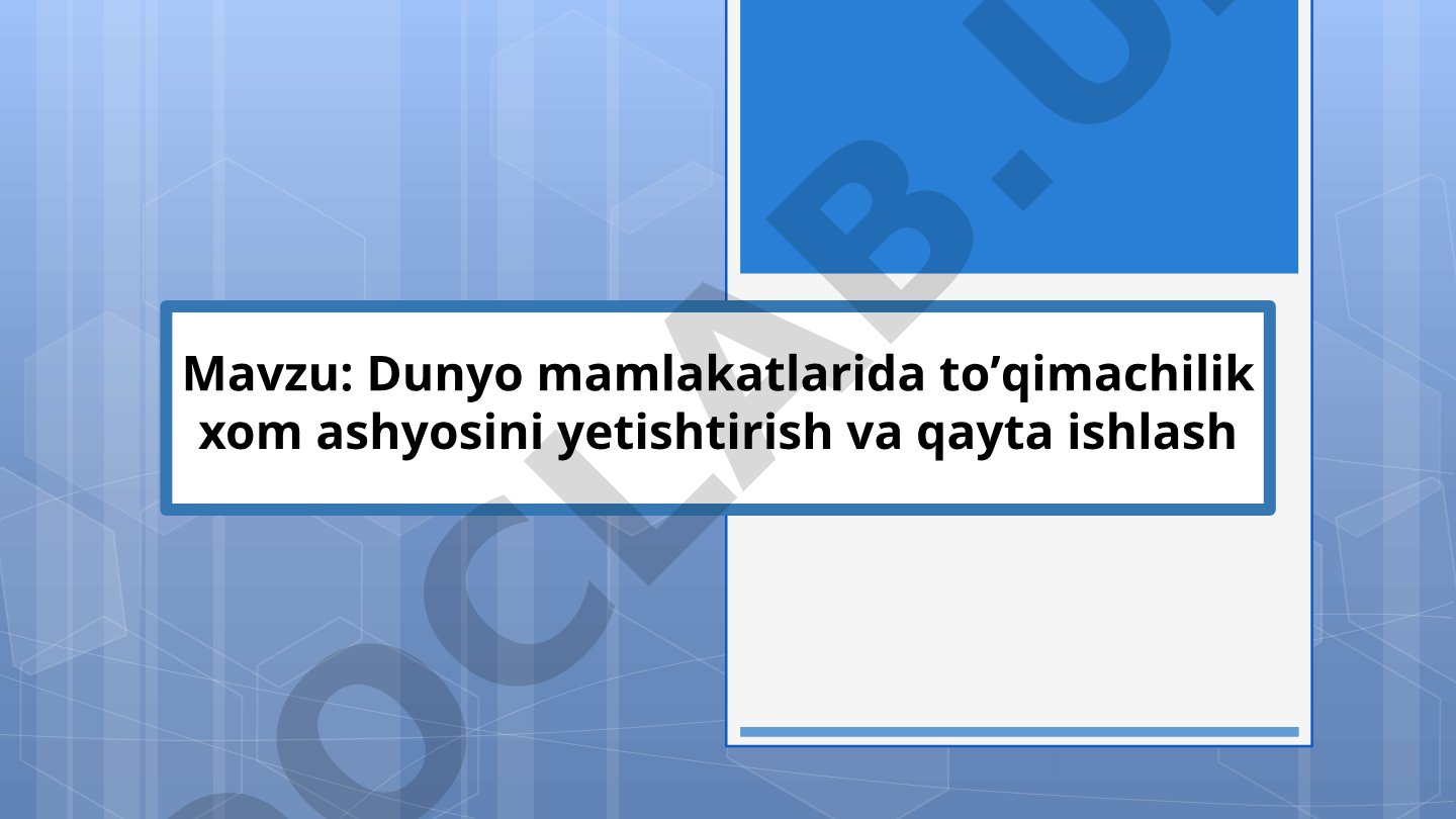 Dunyo mamlakatlarida to'qimachilik xom ashyosini yetishtirish va qayta ishlash