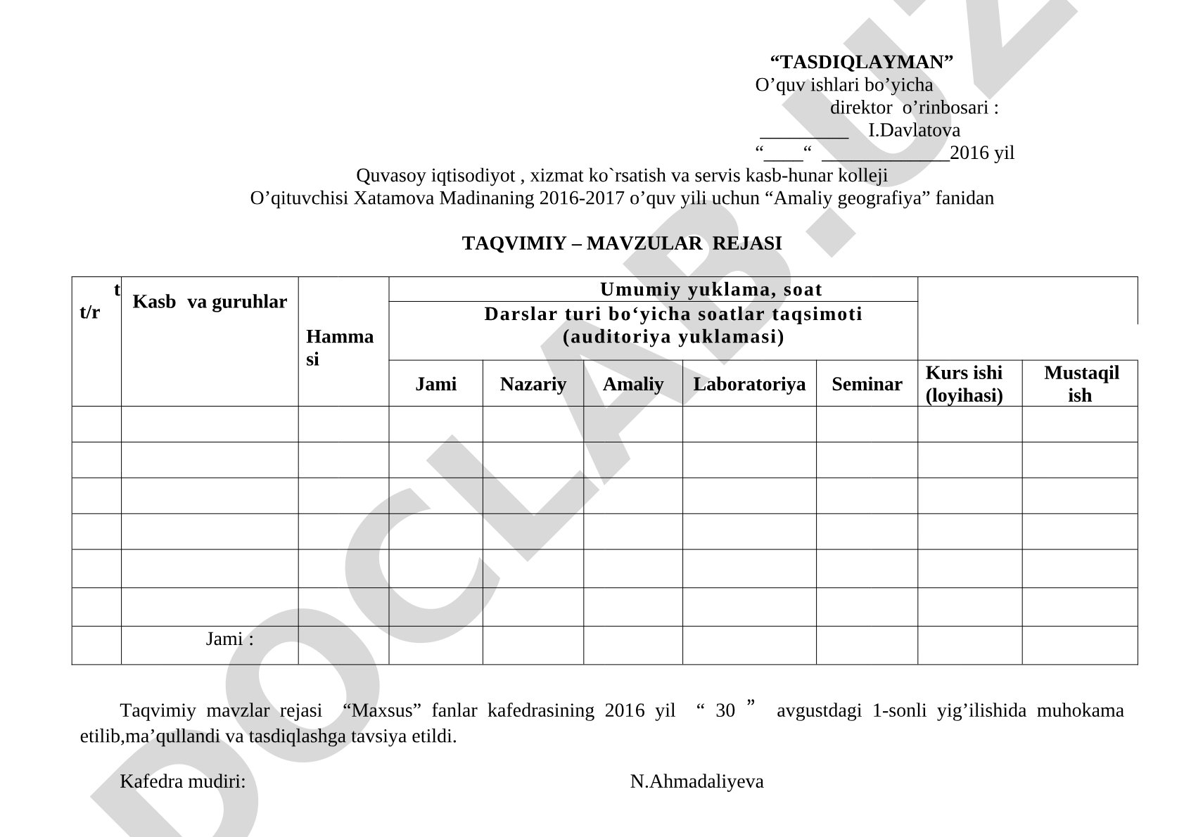 Amaliy geografiya fanidan taqvimiy-mavzular rejasi