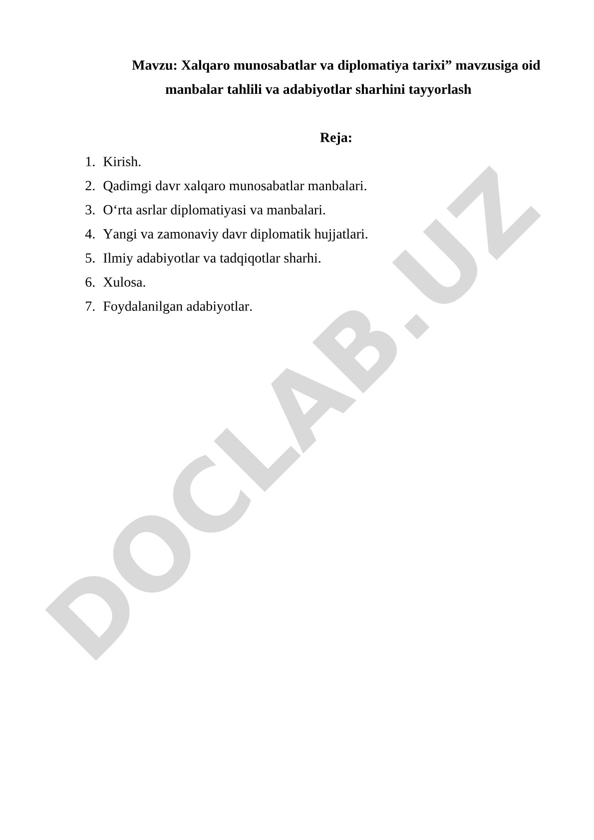 Xalqaro munosabatlar va diplomatiya tarixi mavzusiga oid manbalar tahlili va adabiyotlar sharhi