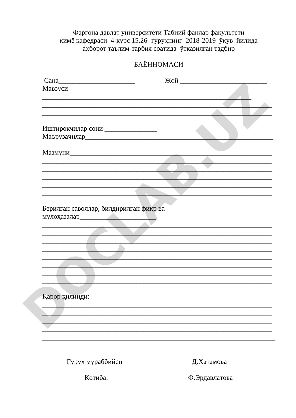 Фарғона давлат университети кимё кафедраси 4-курс талабаларининг ахборот таълим-тарбия соати баённомаси