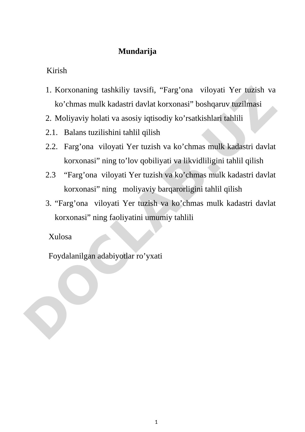 Farg'ona viloyati Yer tuzish va ko'chmas mulk kadastri davlat korxonasining moliyaviy tahlili