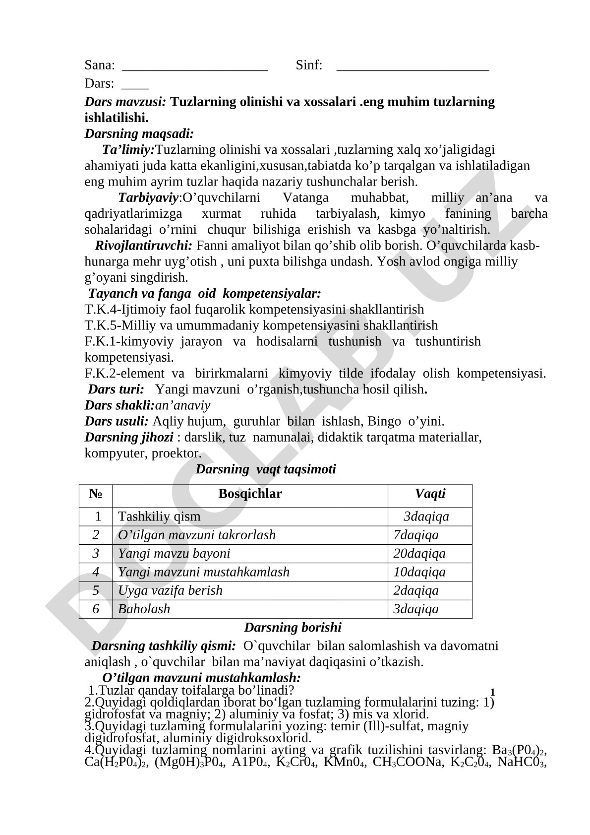 Tuzlarning olinishi va xossalari, eng muhim tuzlarning ishlatilishi
