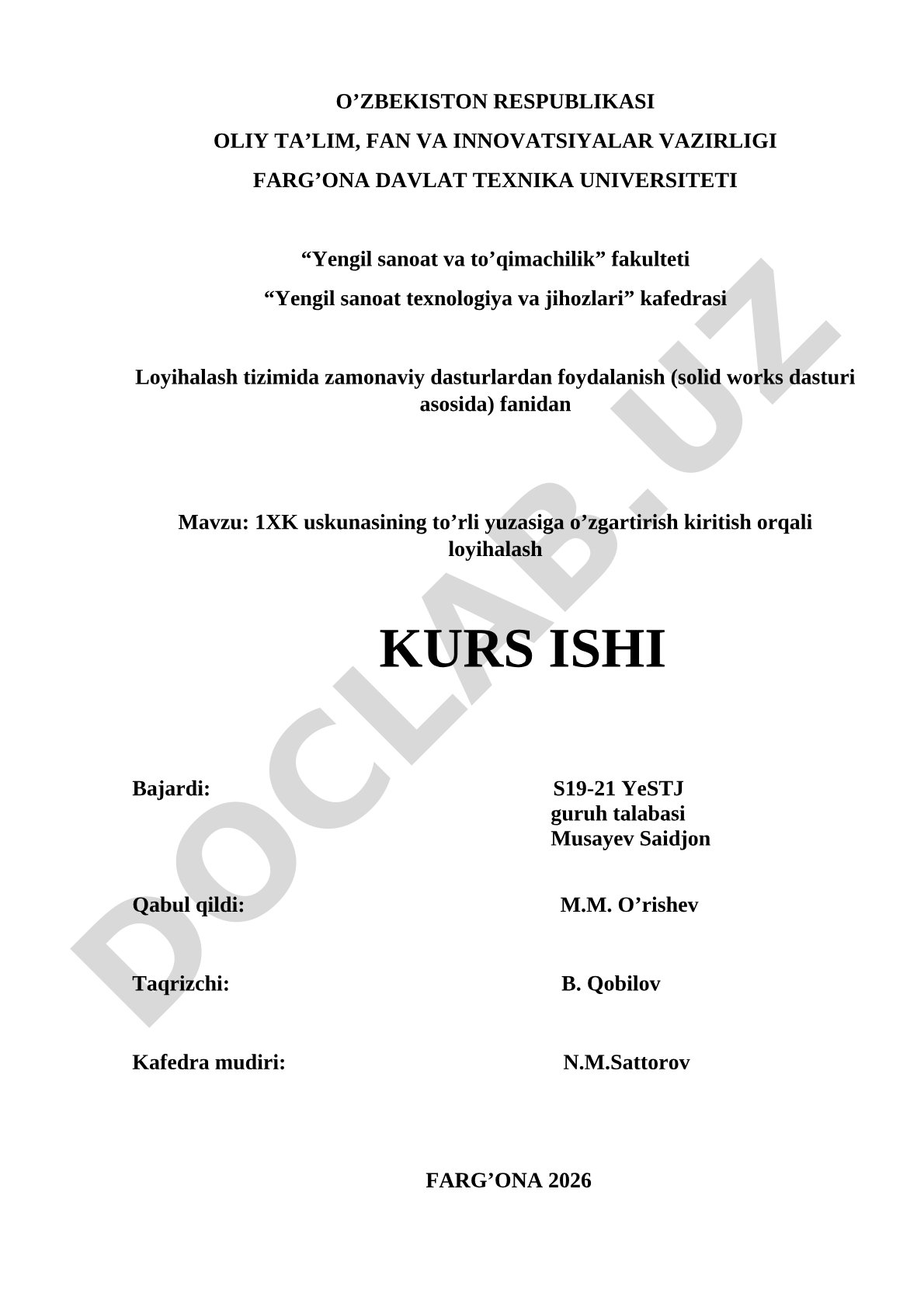 1XK uskunasining to'rli yuzasiga o'zgartirish kiritish orqali loyihalash