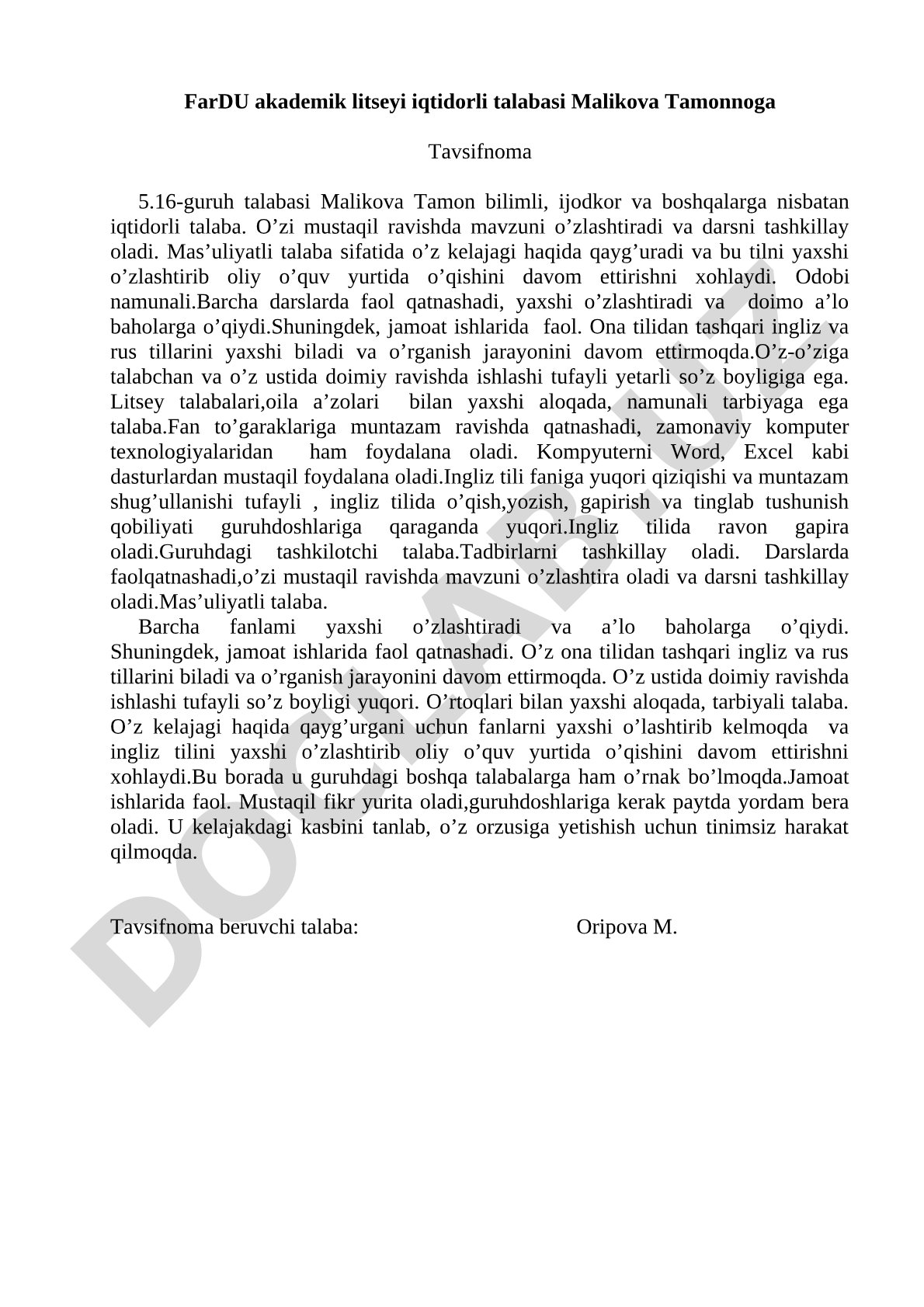 Malikova Tamonning tavsifnomasi
