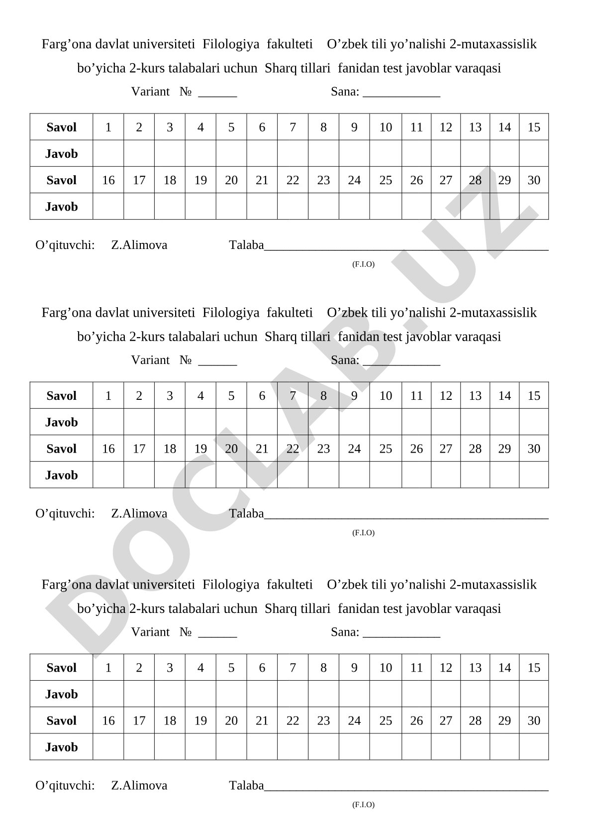 Sharq tillari fanidan test javoblar varaqasi