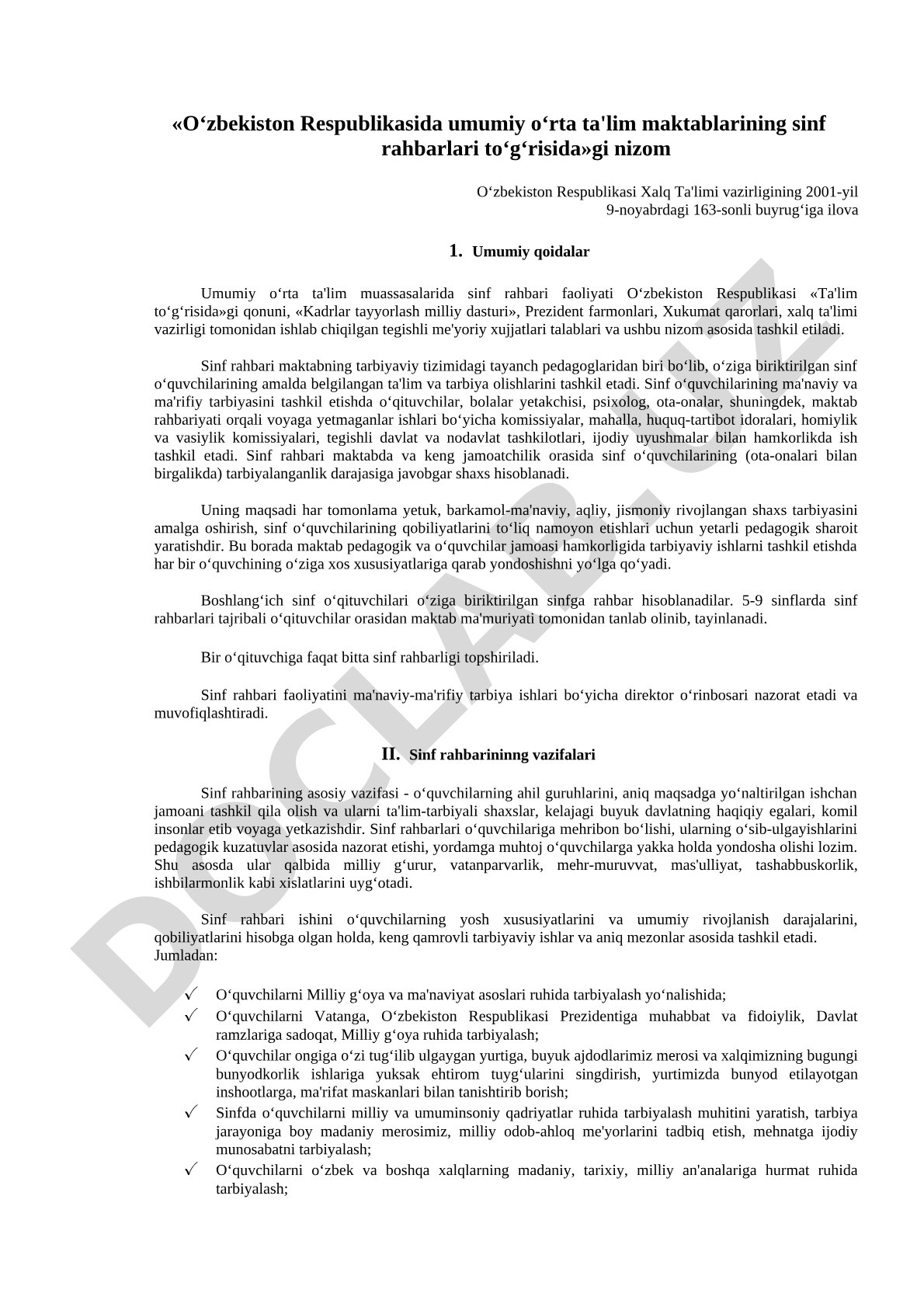 O'zbekiston Respublikasida umumiy o'rta ta'lim maktablarining sinf rahbarlari to'g'risidagi nizom