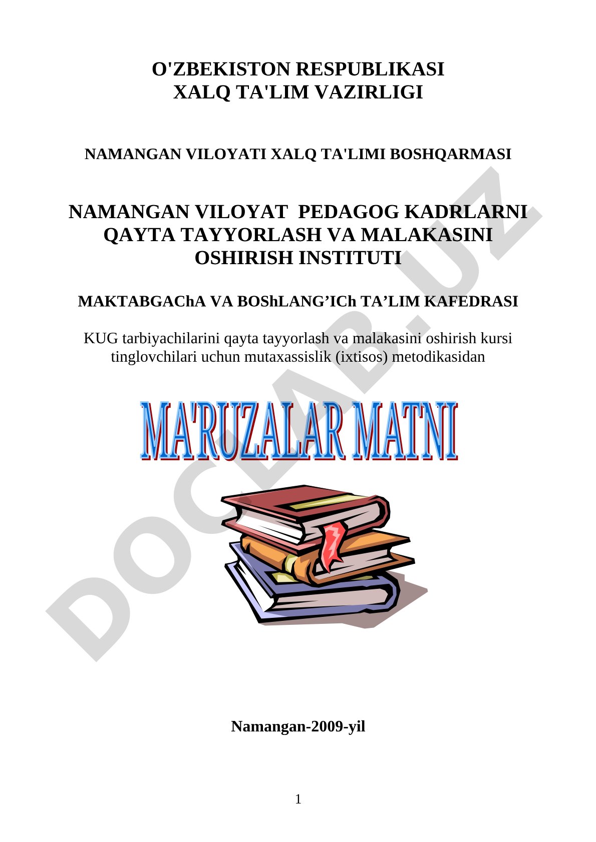 KUG tarbiyachilari uchun mutaxassislik metodikasidan ma'ruzalar matni