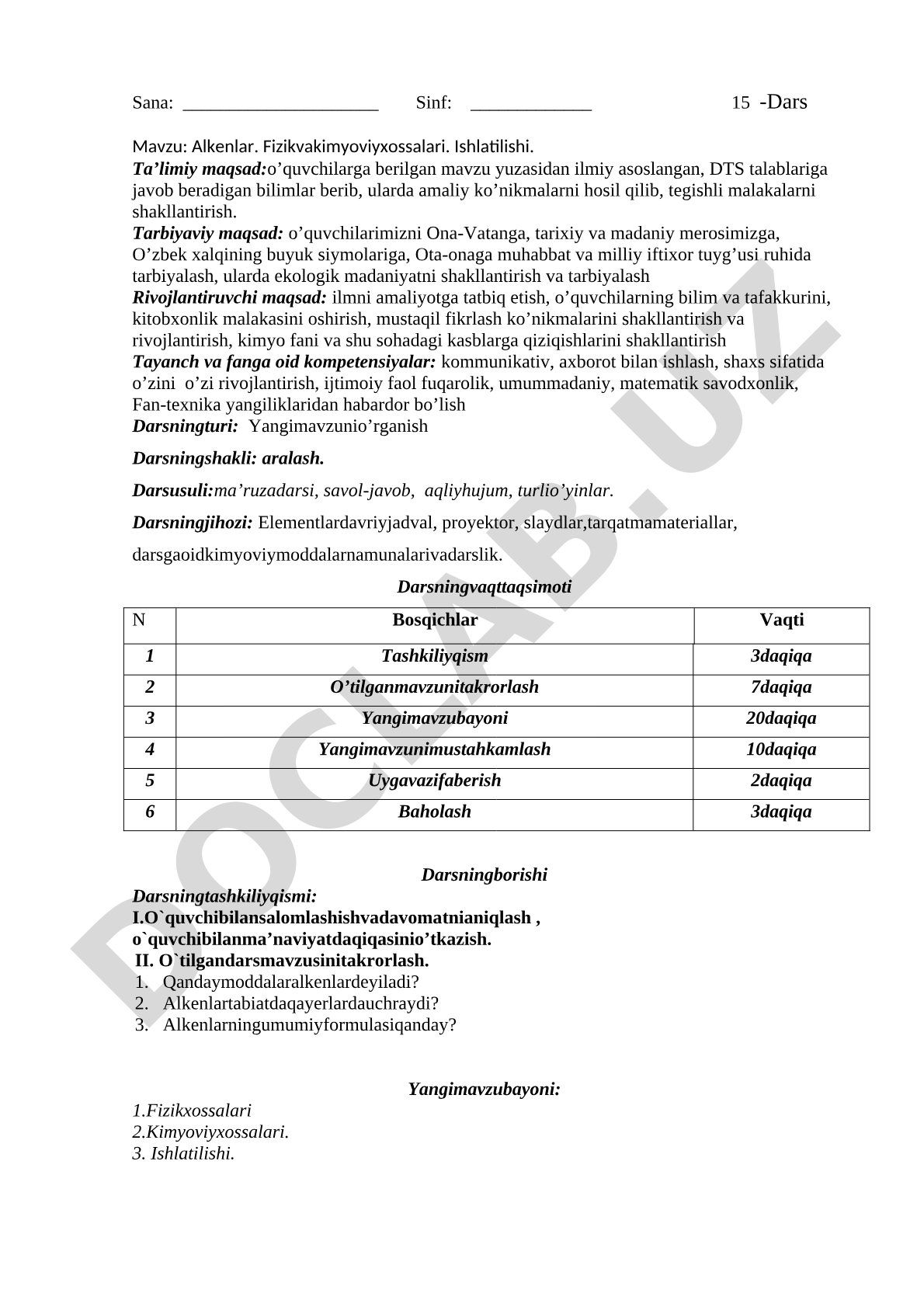 Alkenlar. Fizik va kimyoviy xossalari. Ishlatilishi