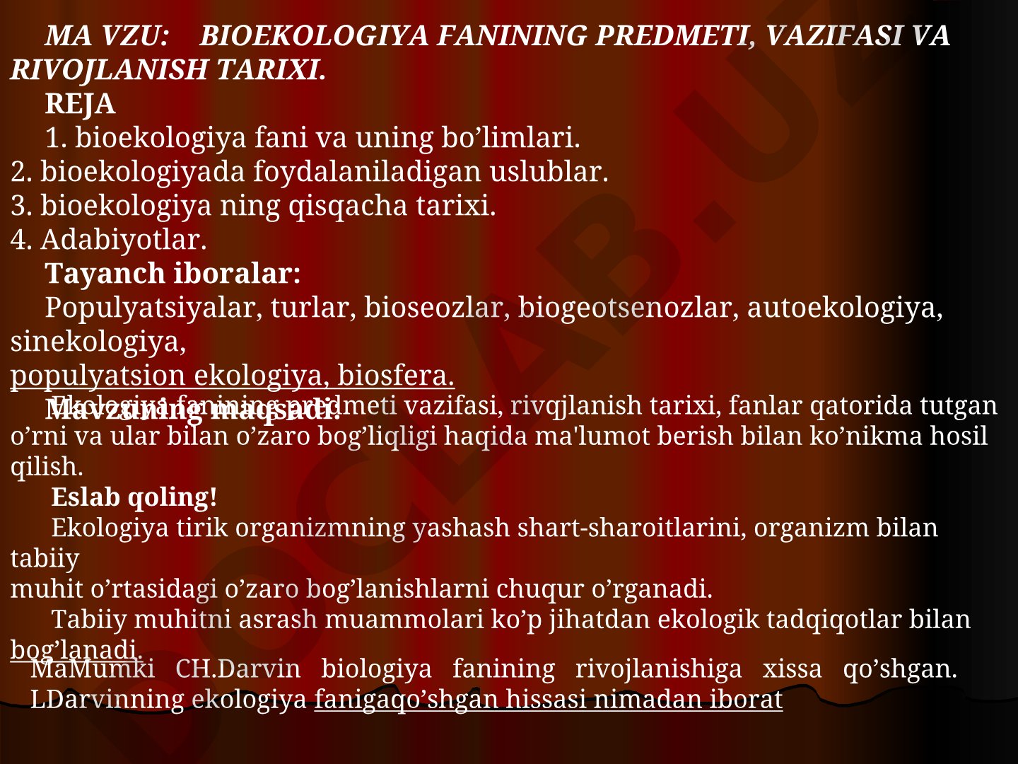 Bioekologiya fanining predmeti, vazifasi va rivojlanish tarixi