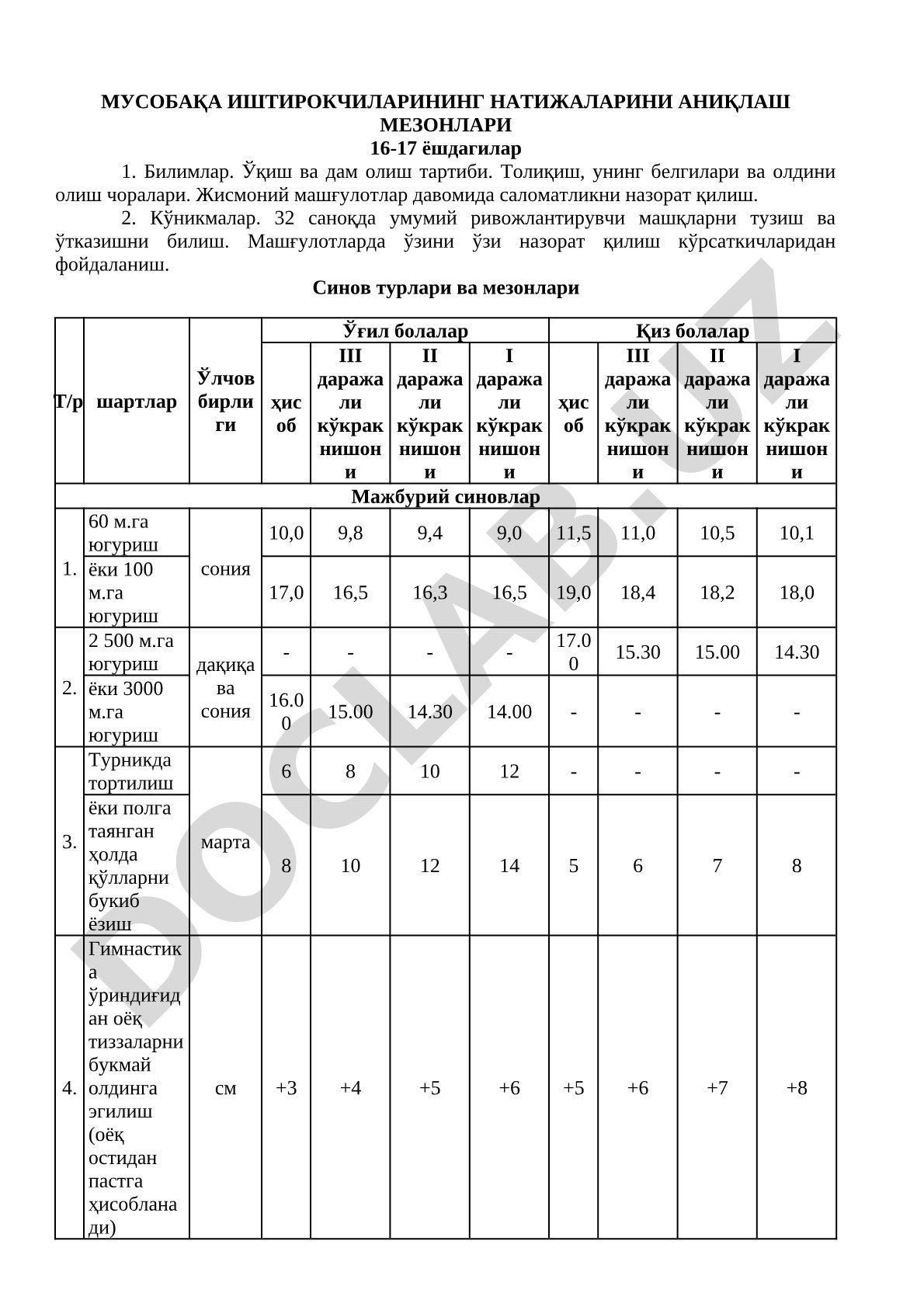 Мусобақа иштирокчиларининг натижаларини аниқлаш мезонлари