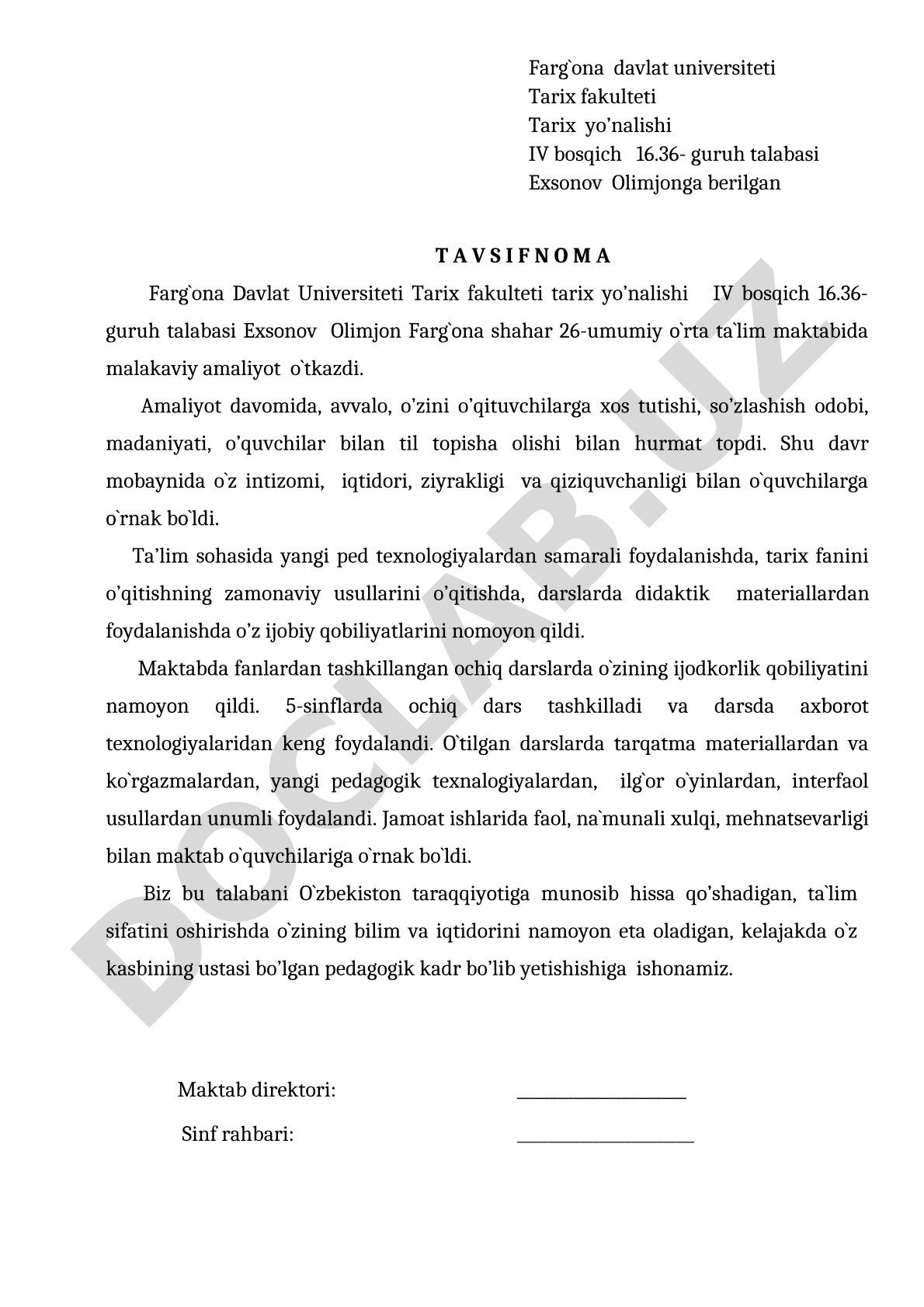 Exsonov Olimjonga berilgan tavsifnoma