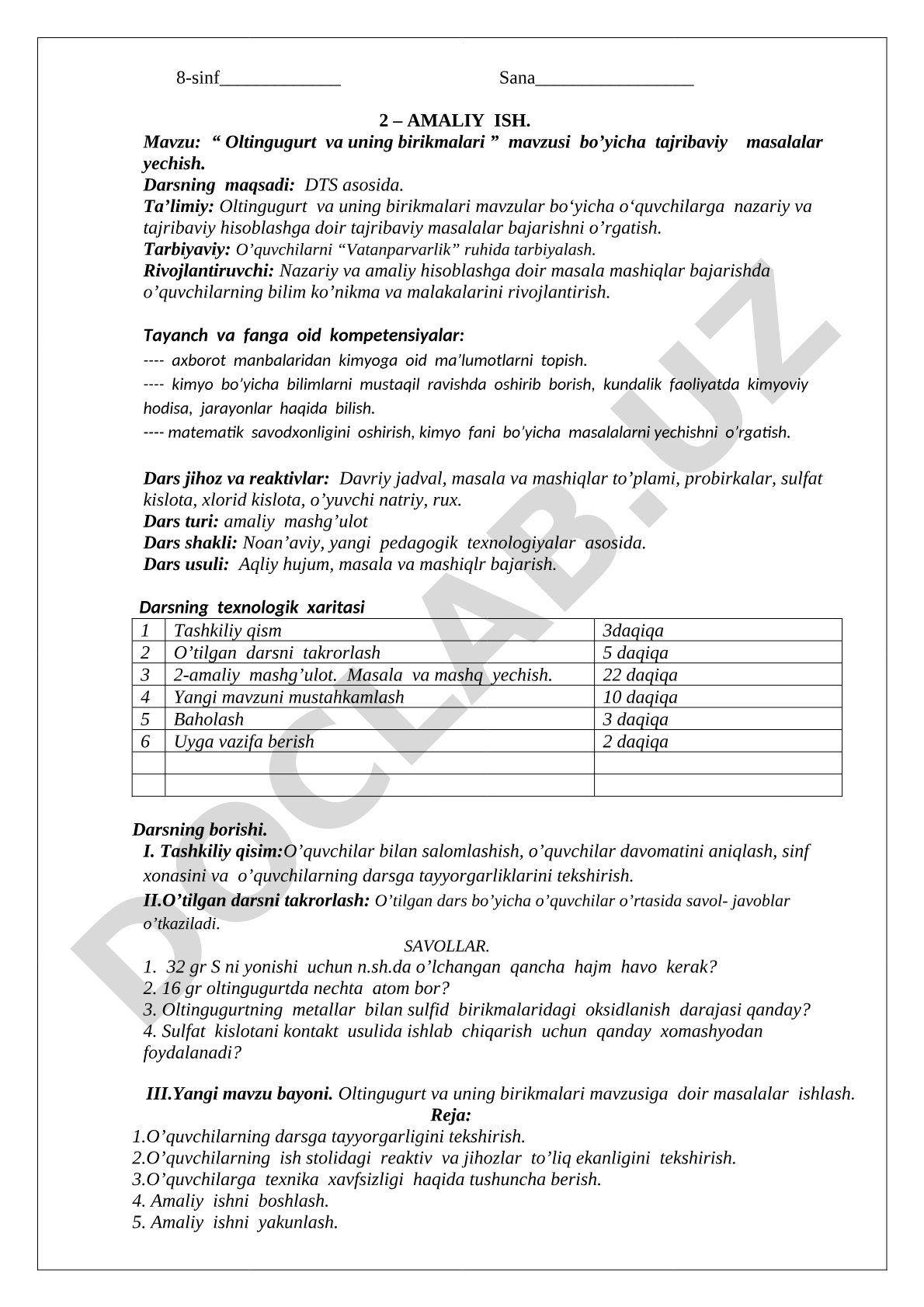 Oltingugurt va uning birikmalari mavzusi bo'yicha tajribaviy masalalar yechish
