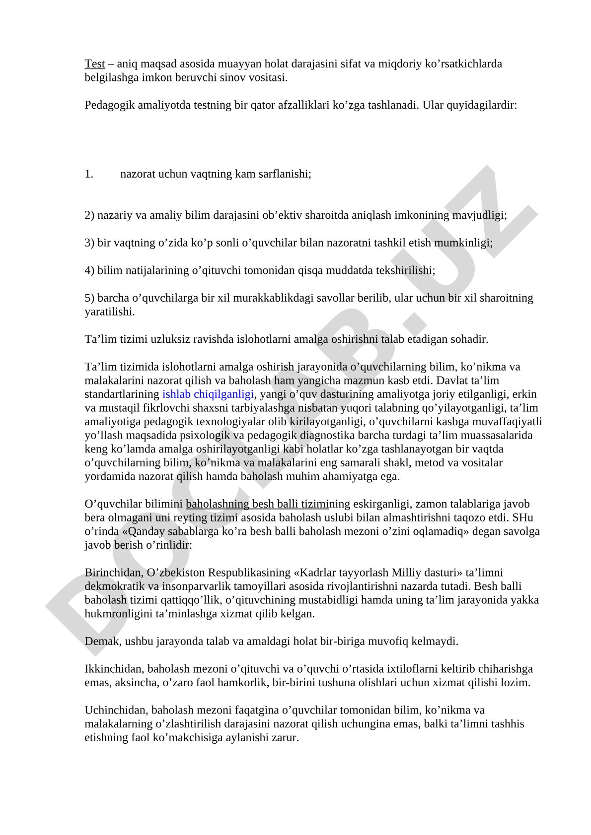 Test – sinov vositasi sifatida ta'limda qo'llanilishi