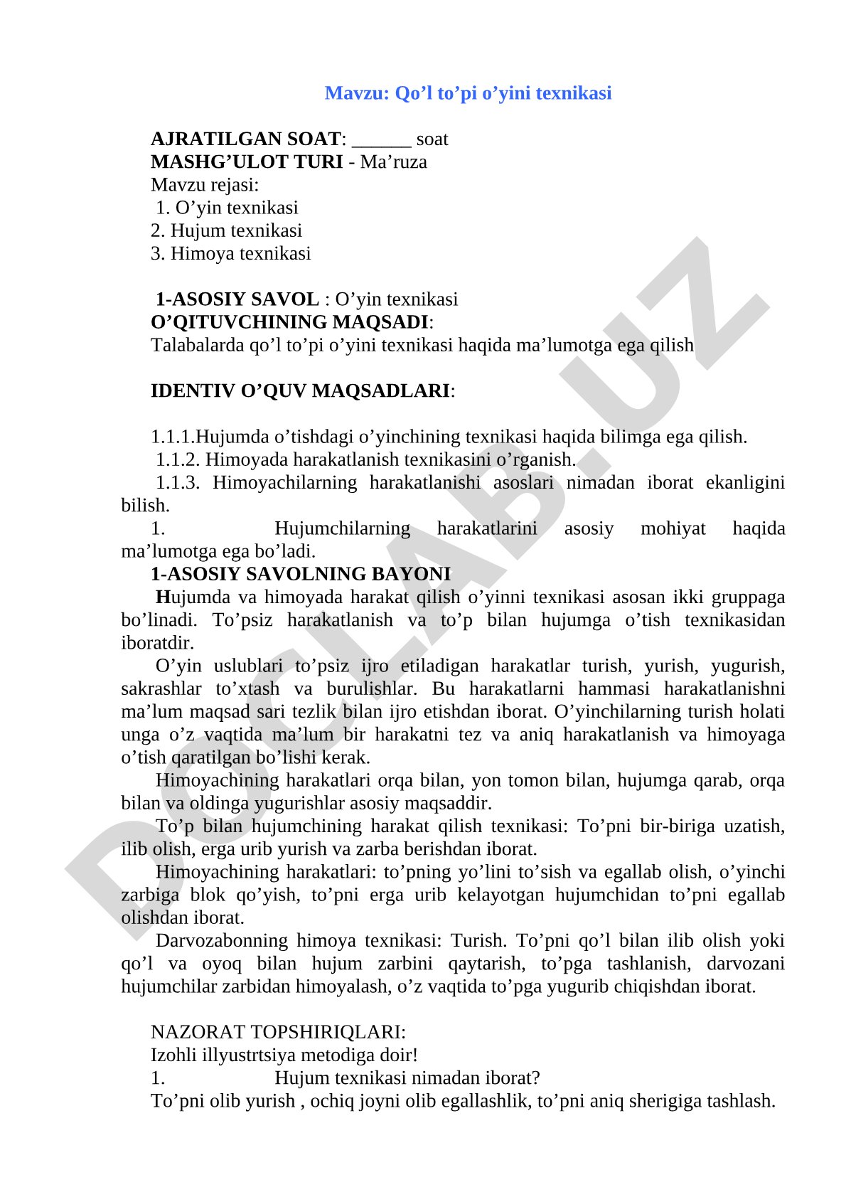 Qo'l to'pi o'yini texnikasi