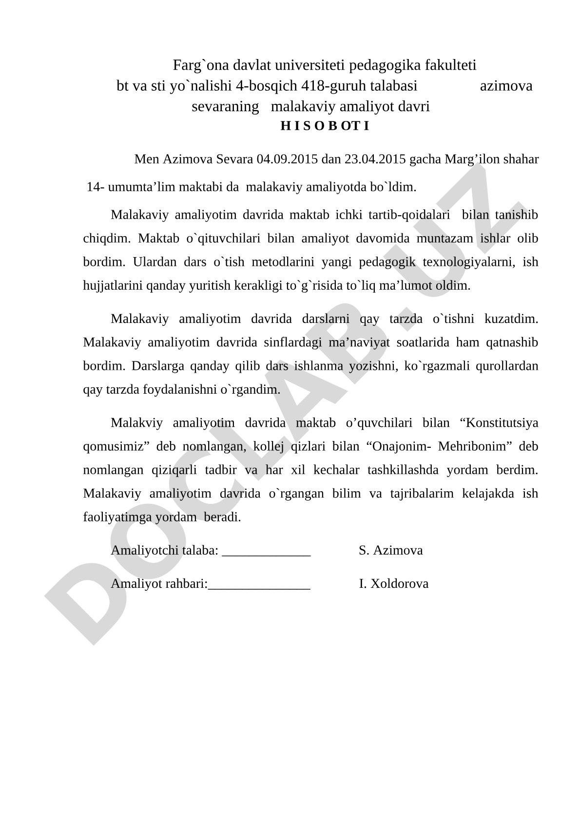 Malakaviy amaliyot hisoboti