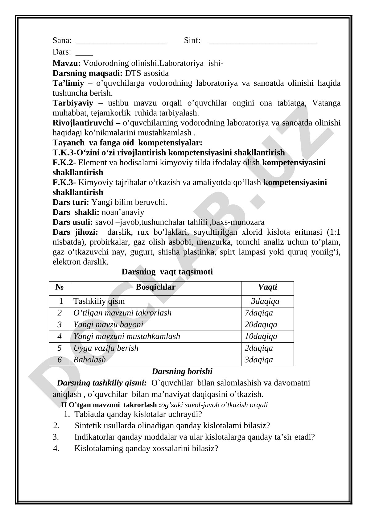 Vodorodning olinishi. Laboratoriya ishi