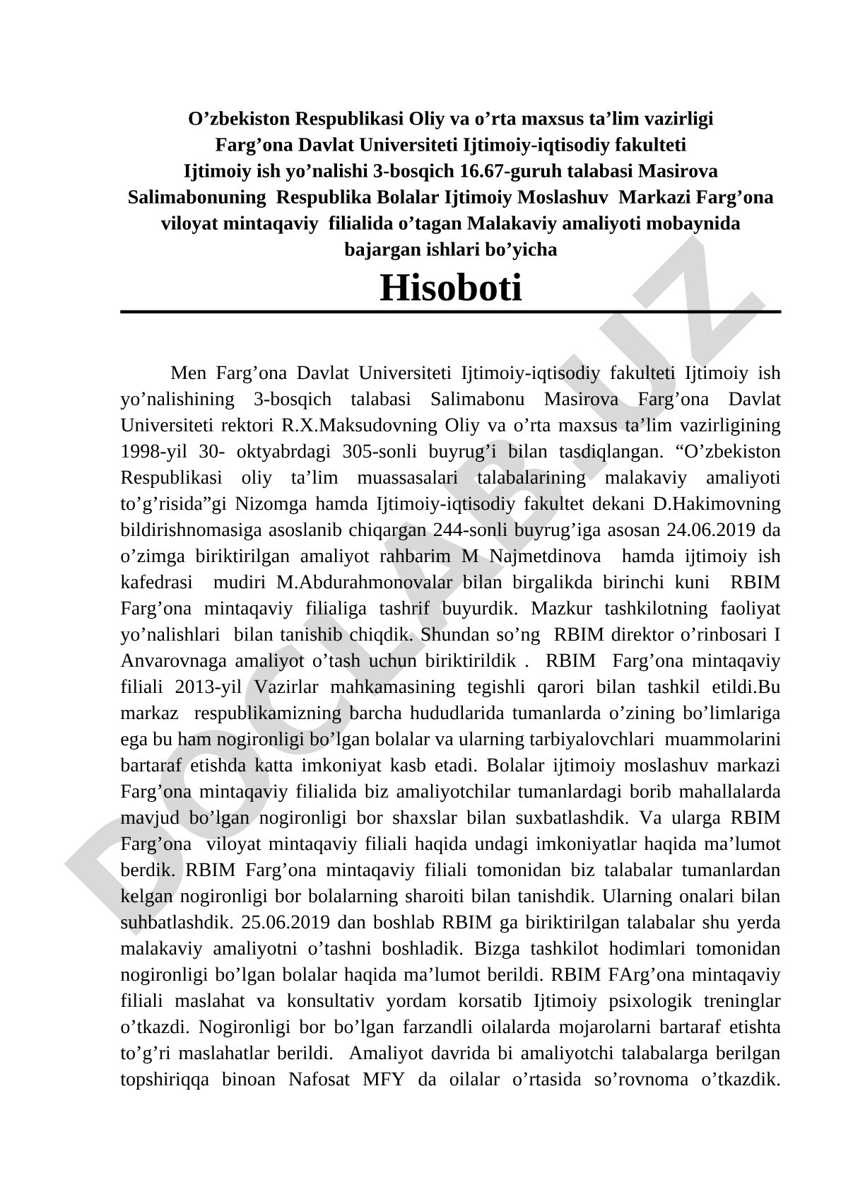 Respublika Bolalar Ijtimoiy Moslashuv Markazida malakaviy amaliyot hisoboti