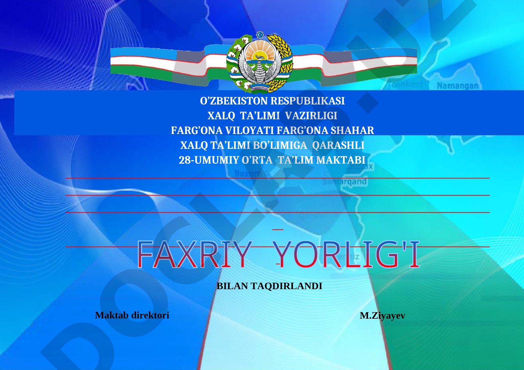 Maktab direktori M.Ziyayev taqdirlanishi