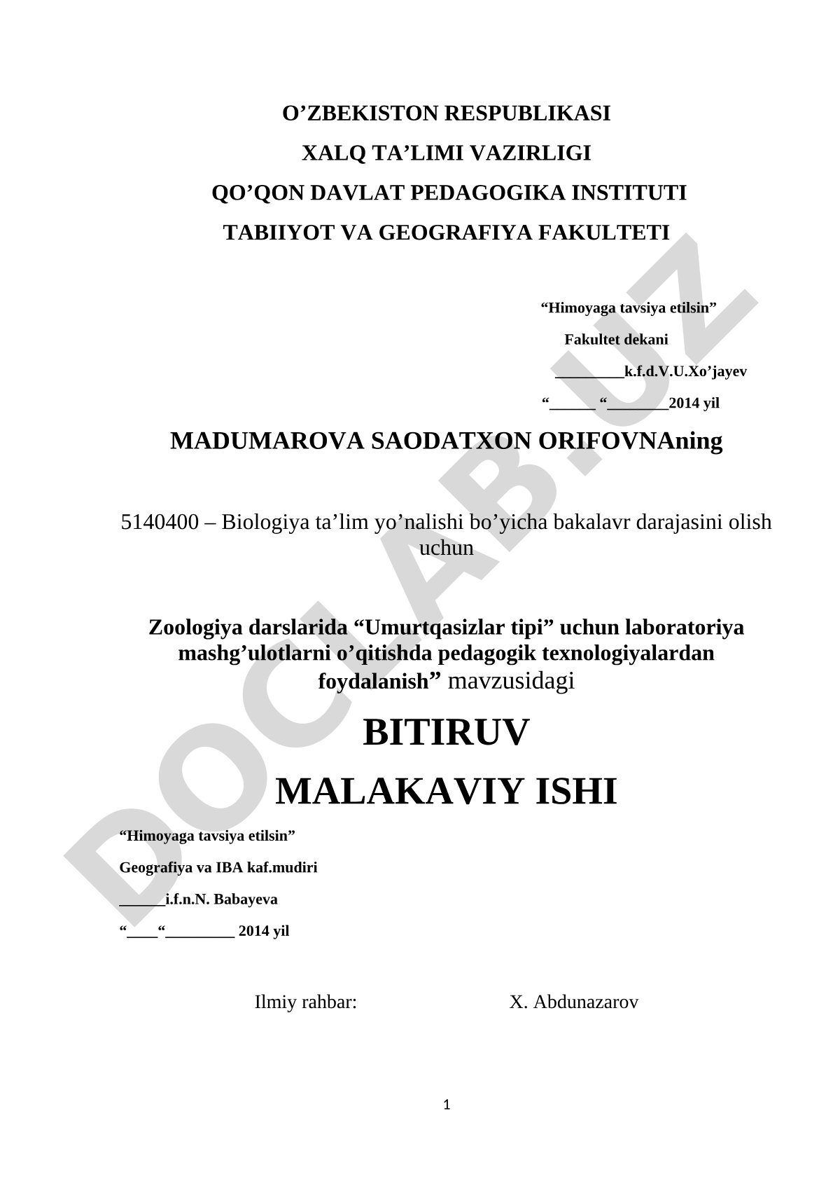 Zoologiya darslarida umurtqasizlar tipi uchun laboratoriya mashg'ulotlarini o'qitishda pedagogik texnologiyalardan foydalanish