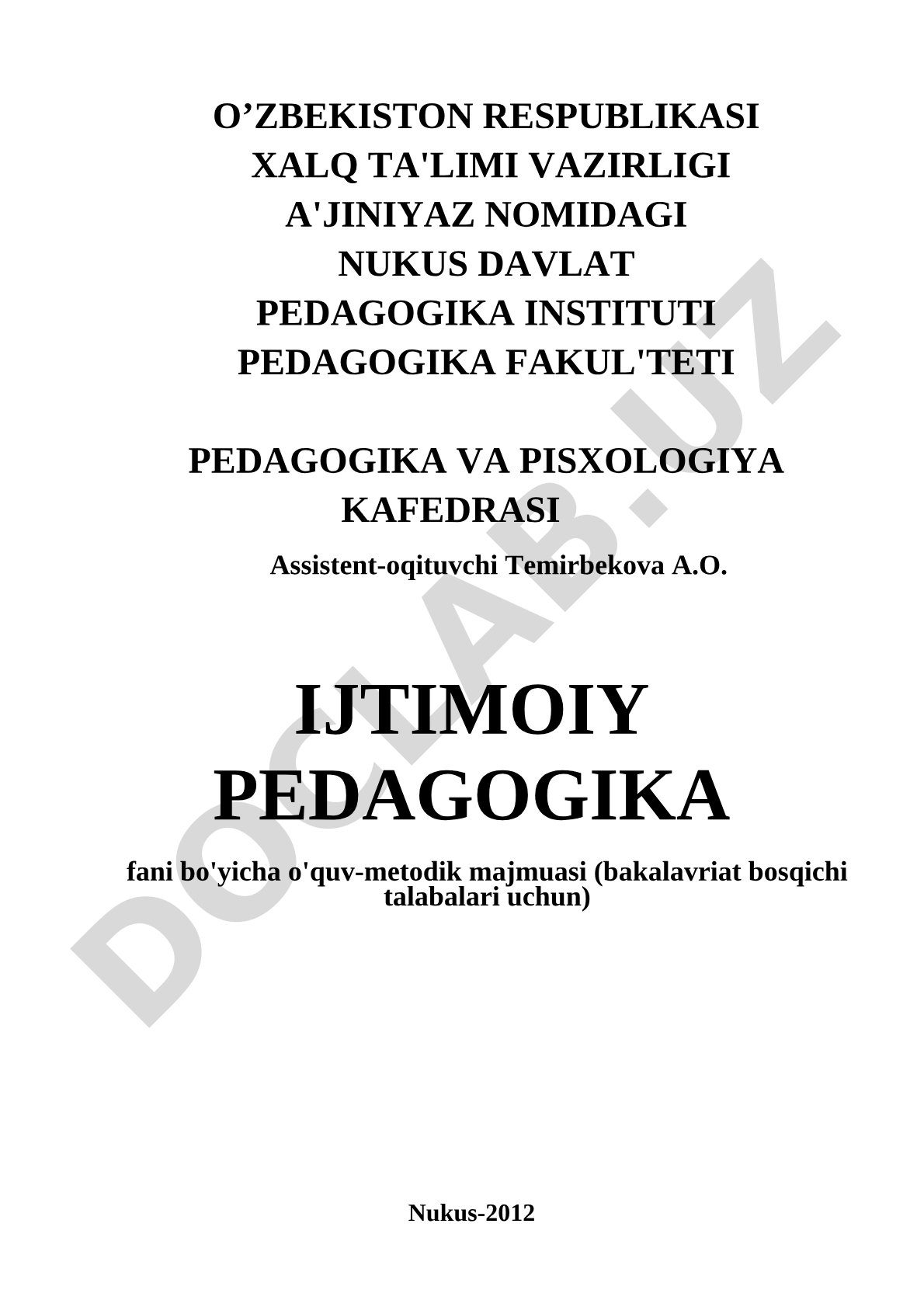 Ijtimoiy pedagogika fanidan o'quv-metodik majmua