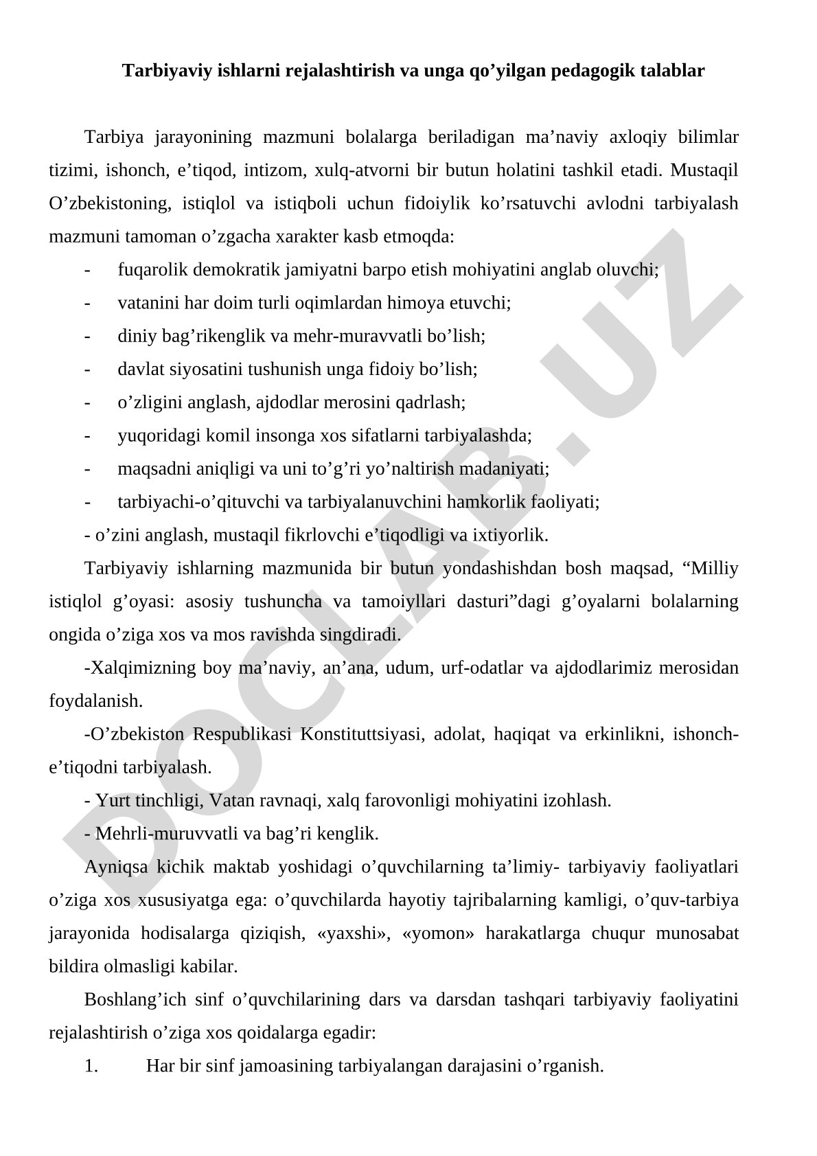 Tarbiyaviy ishlarni rejalashtirish va unga qo'yilgan pedagogik talablar