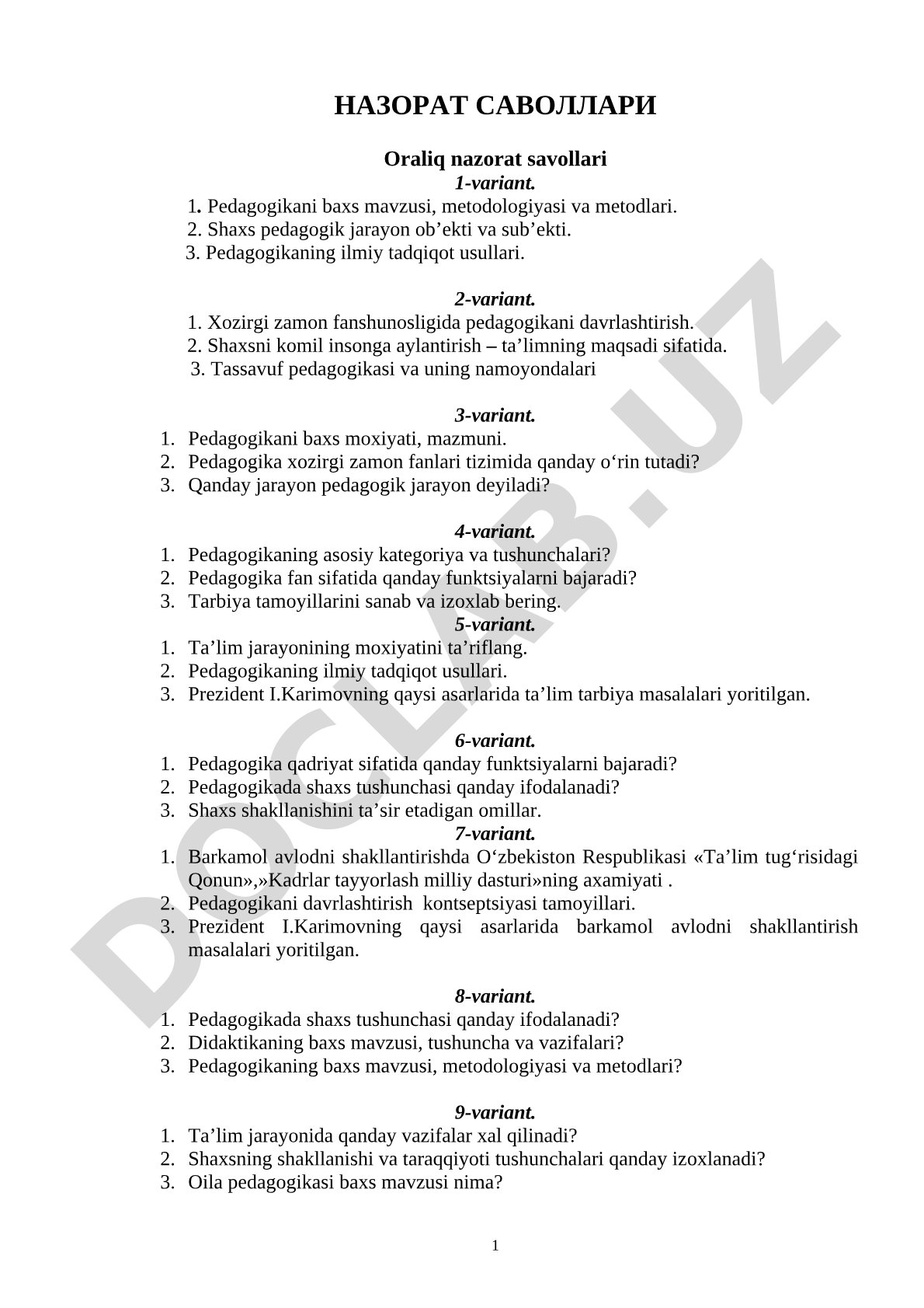 Pedagogika fanidan nazorat savollari