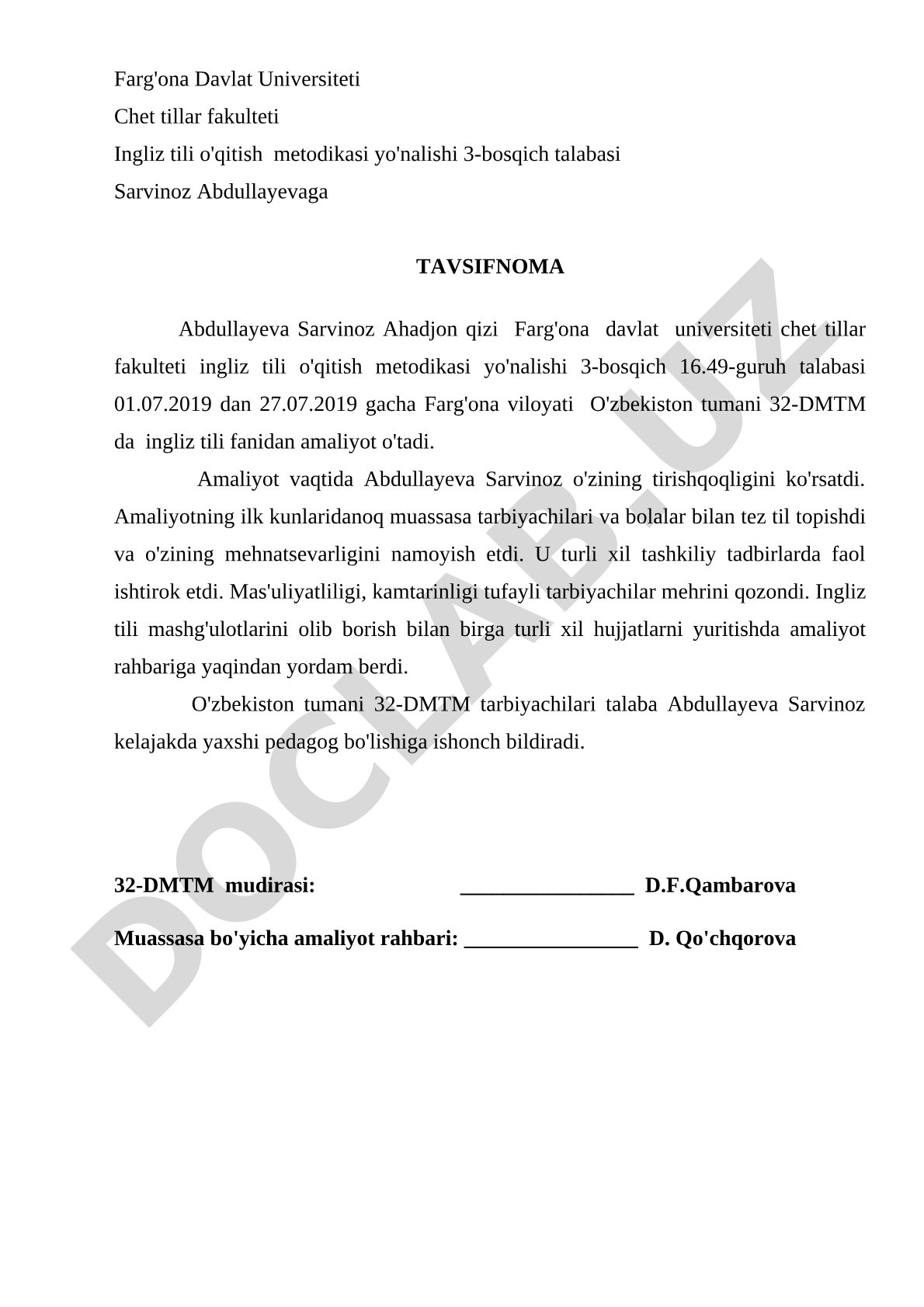 Abdullayeva Sarvinozga tavsifnoma