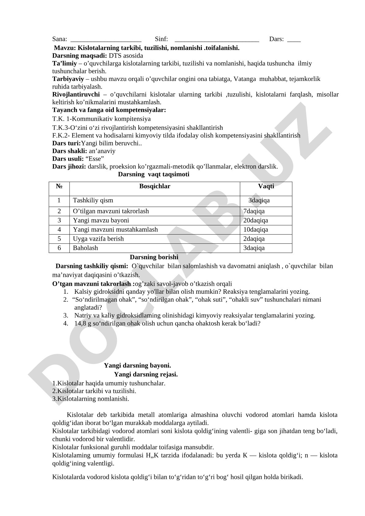 Kislotalarning tarkibi, tuzilishi, nomlanishi va toifalanishi