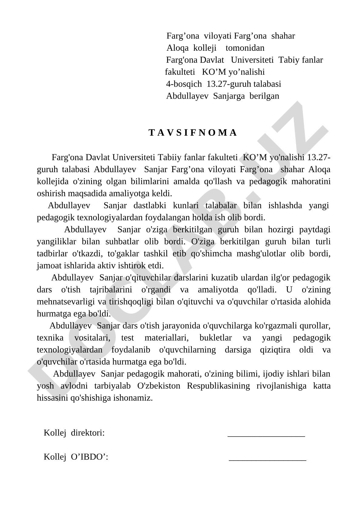 Abdullayev Sanjarga berilgan tavsifnoma