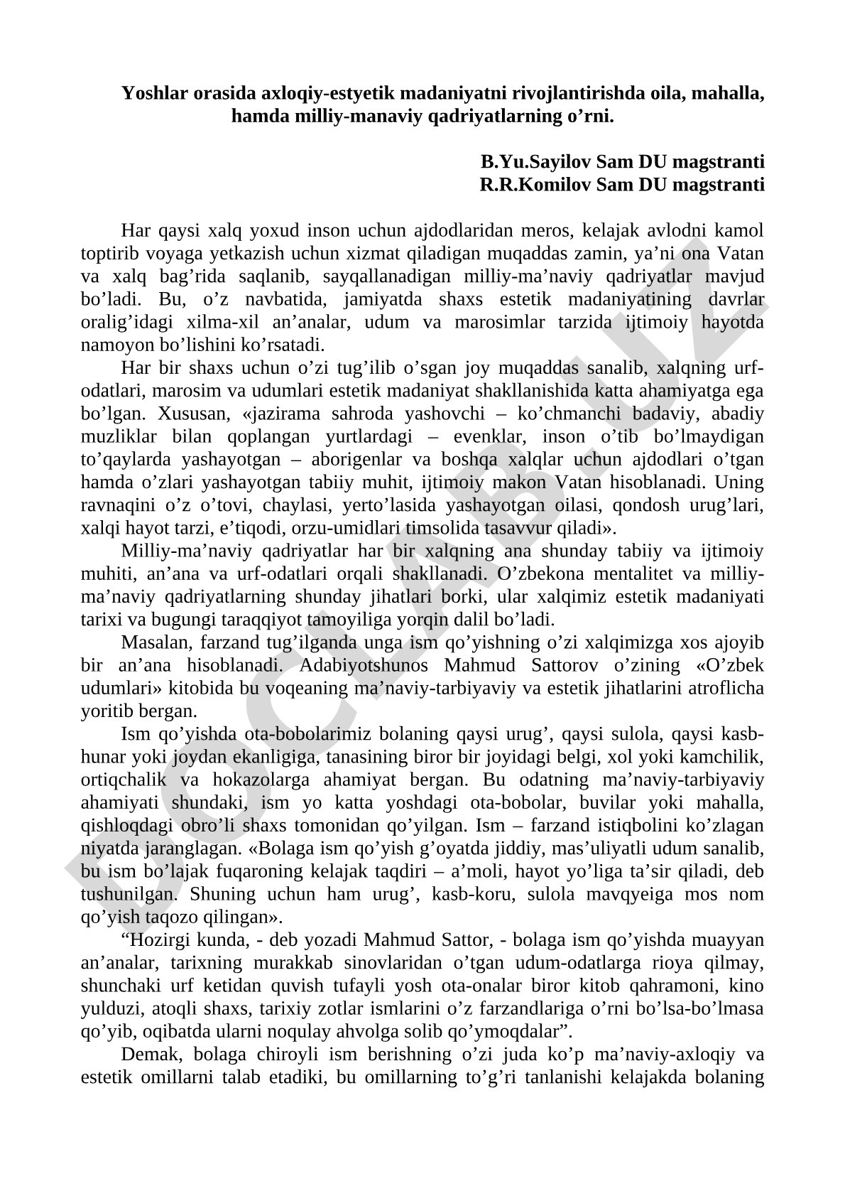 Yoshlar orasida axloqiy-estetik madaniyatni rivojlantirishda oila, mahalla va milliy-ma'naviy qadriyatlarning o'rni