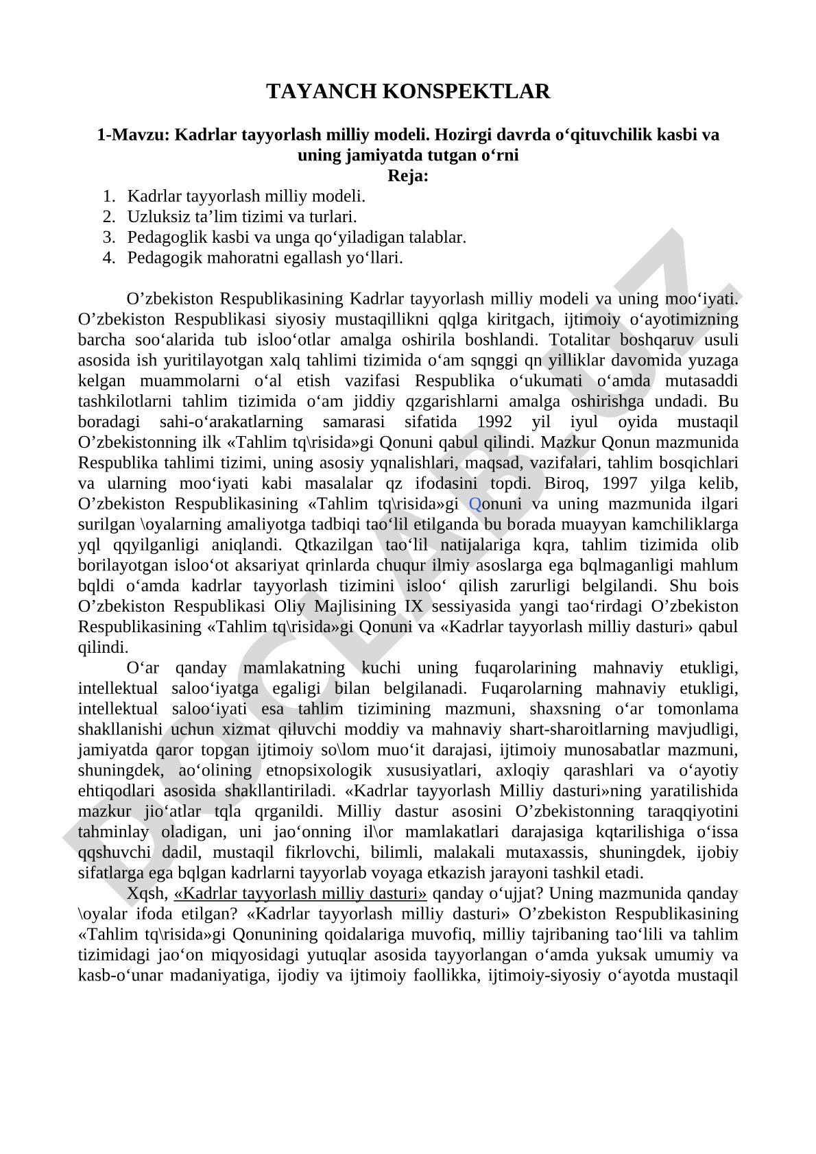 Kadrlar tayyorlash milliy modeli va pedagogik kasb