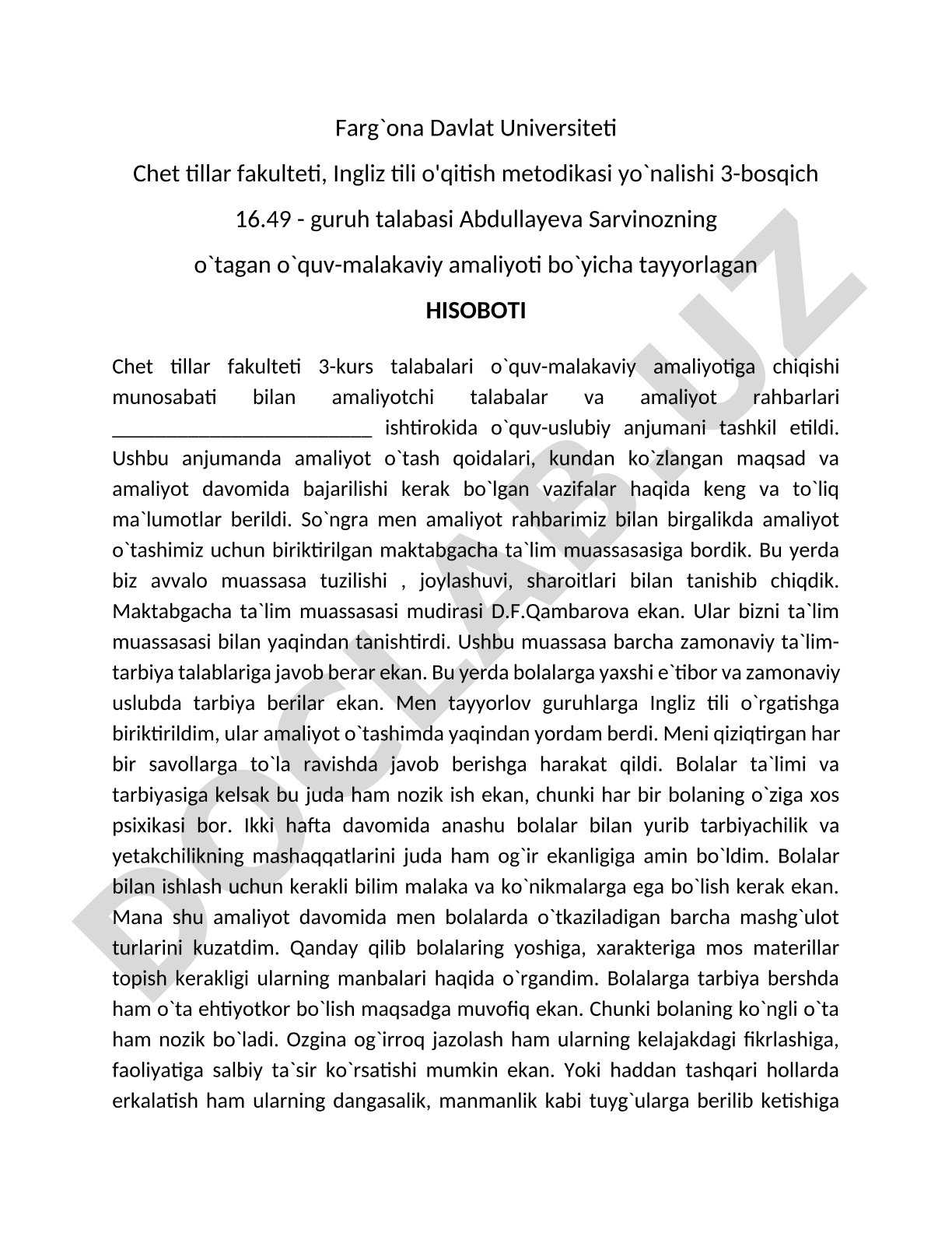 O'quv-malakaviy amaliyot hisoboti