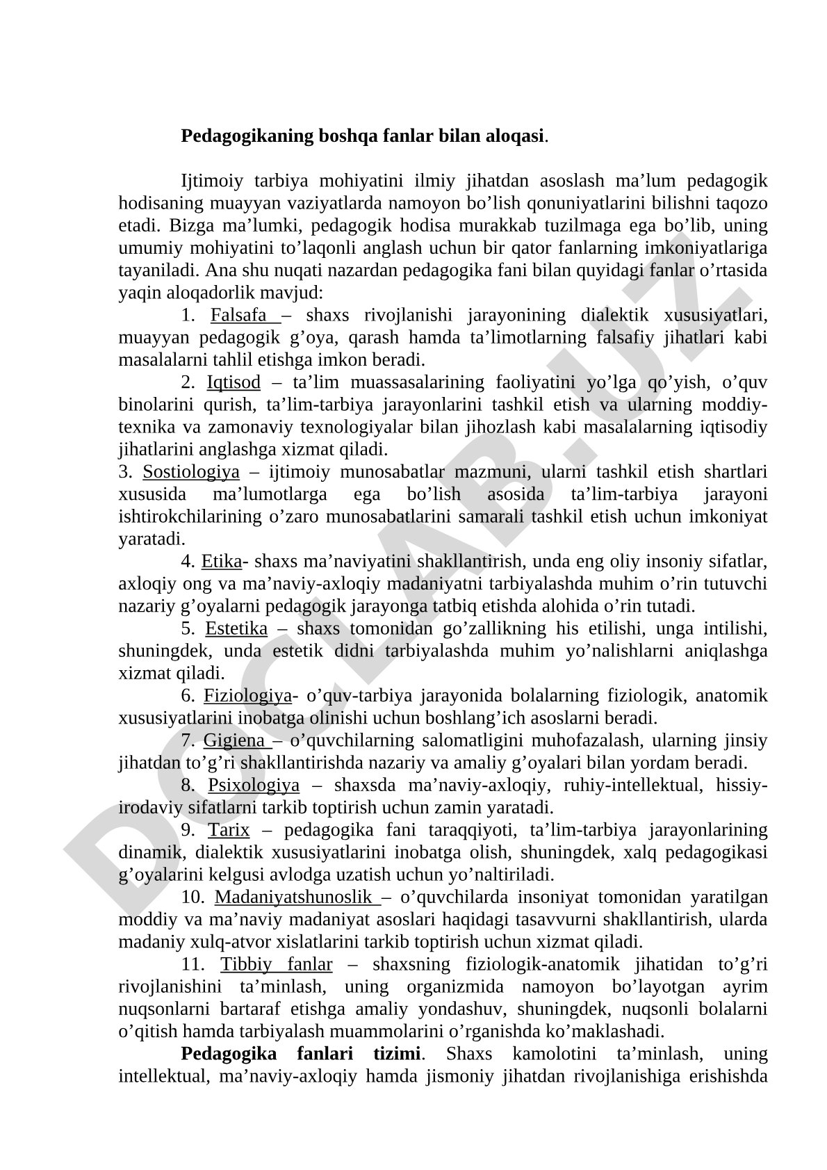 Pedagogikaning boshqa fanlar bilan aloqasi